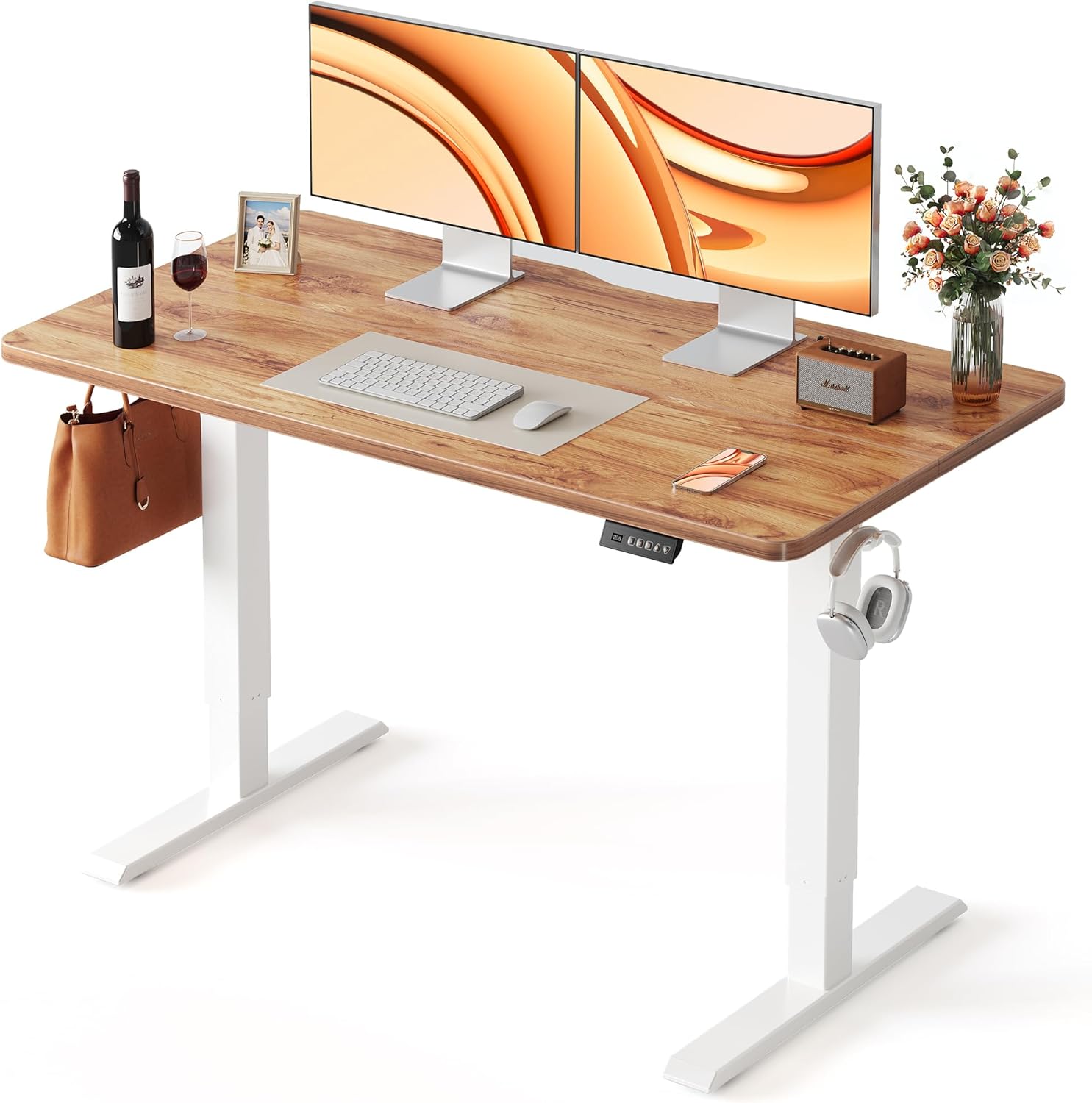 FEZIBO Standing Desk, 55 × 24 Inches Electric Height Adjustable, Sit and Stand Up, Computer Office Desk with Splice Board, Light Rustic