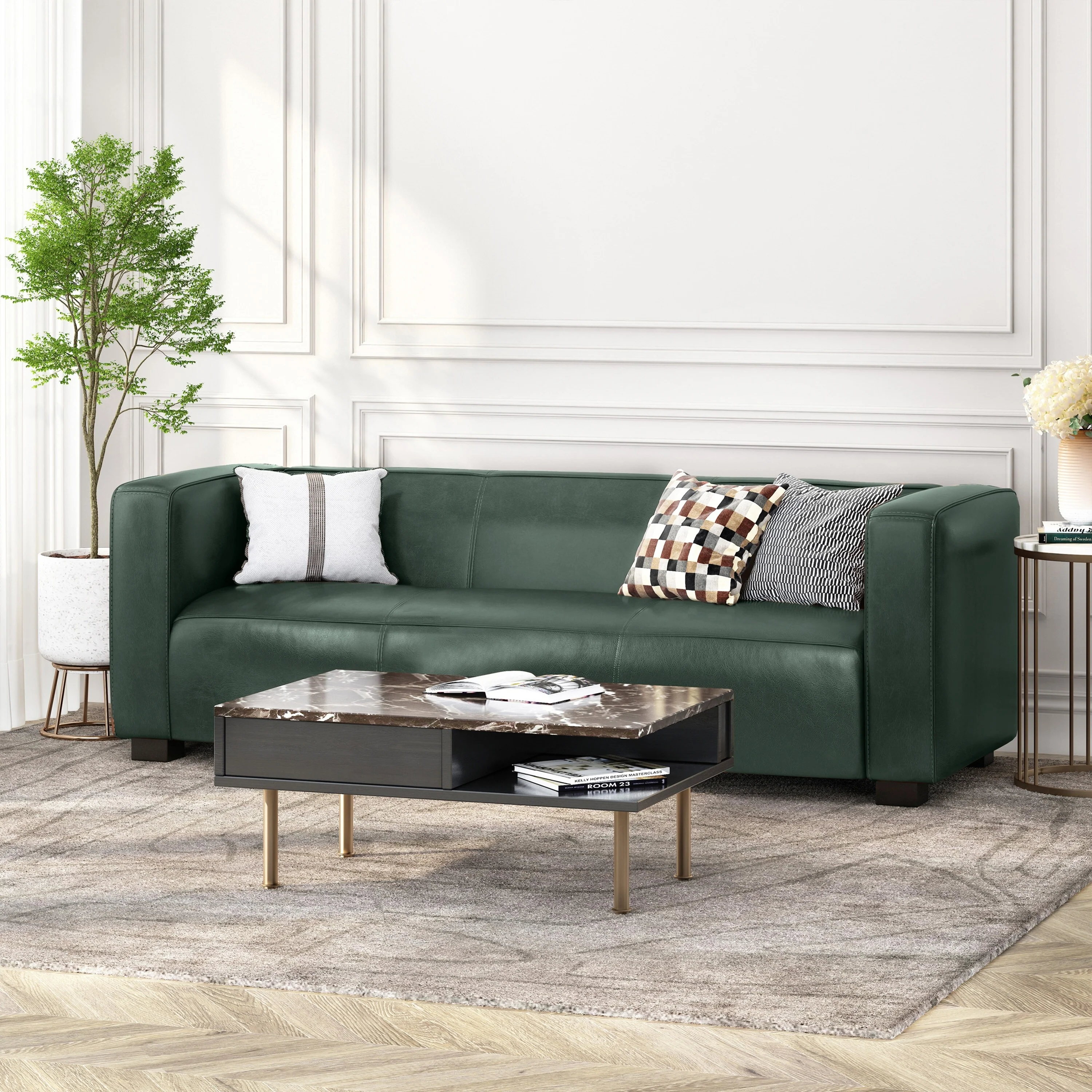 Green PU 3-Seater Sofa 80 Inch Tuxedo Design Contemporary Birch Wood Legs