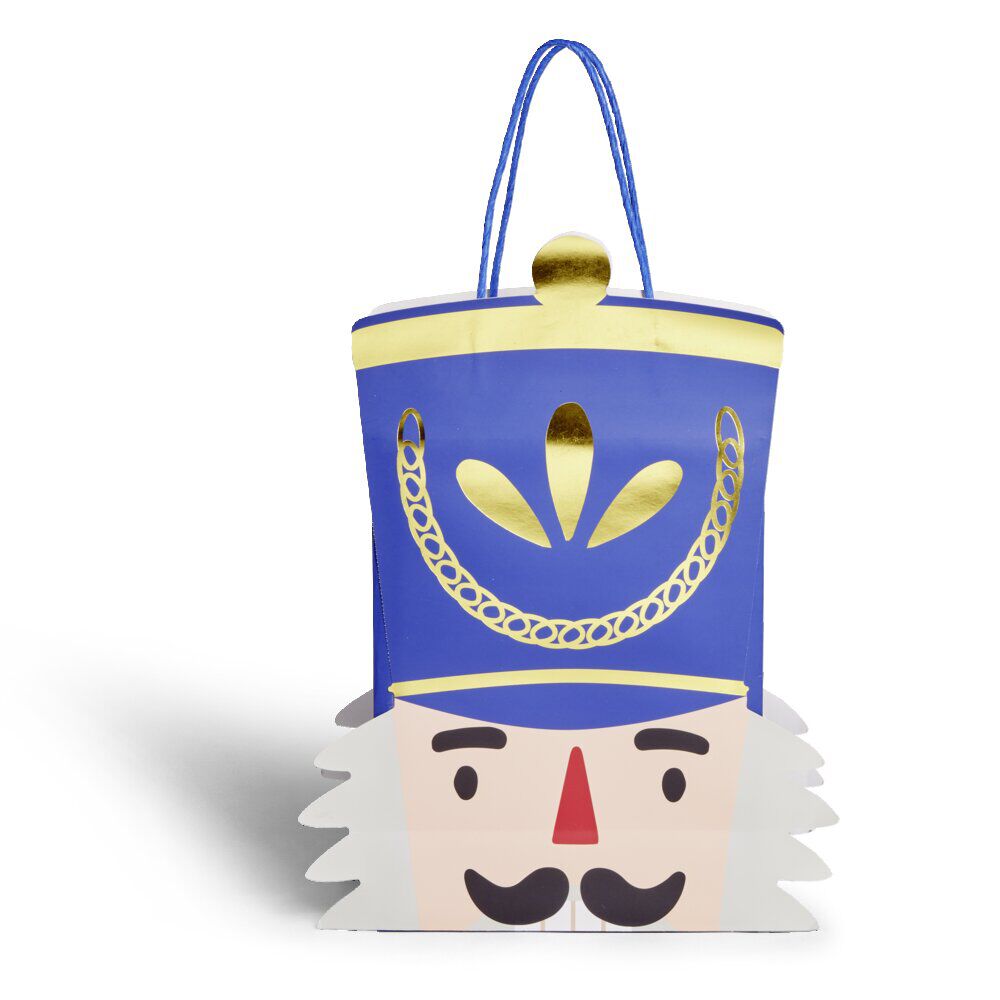 Sac cadeau No&euml;l tête soldat Casse-Noisette bleu et doré 24,5xH31,5cm