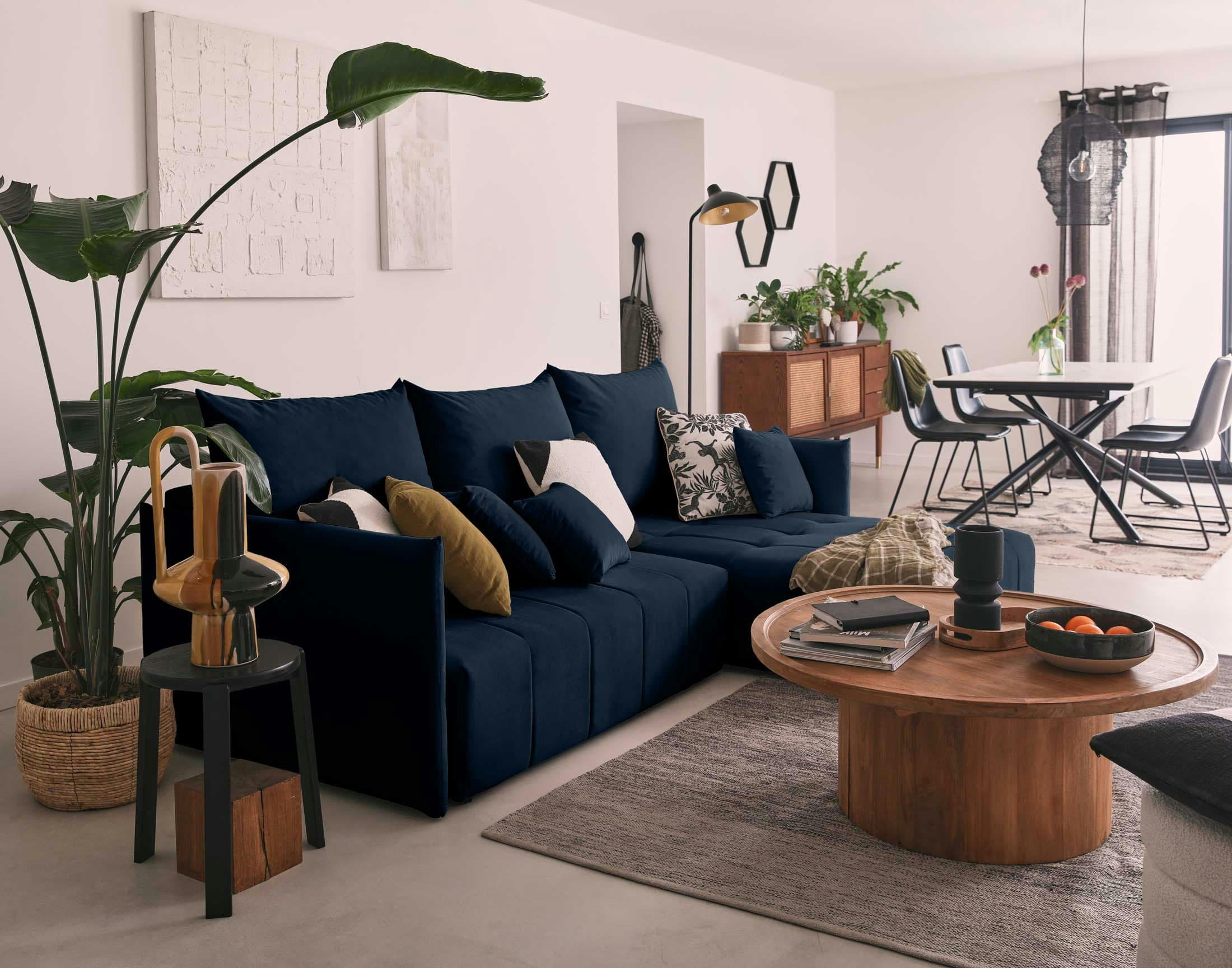 PETRA - Canapé d'angle réversible convertible 4 places en velours bleu nuit