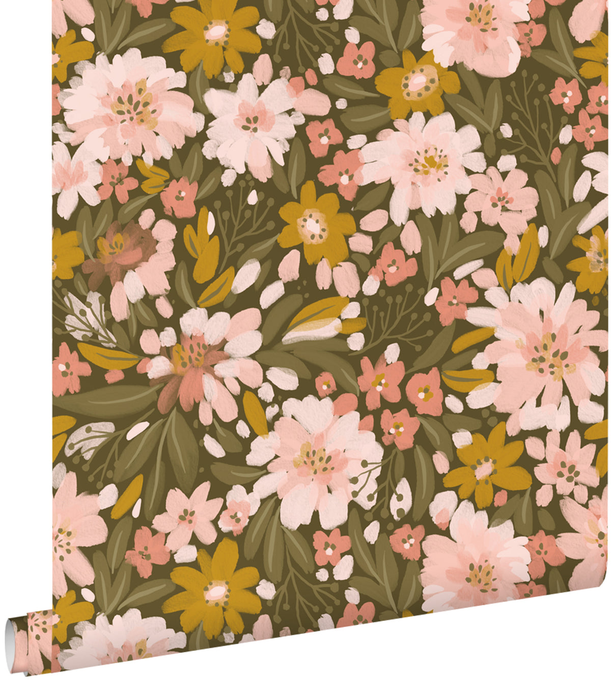 ESTAhome behang bloemen vergrijsd olijfgroen, zacht roze en okergeel - 50 x 900 cm - 130928