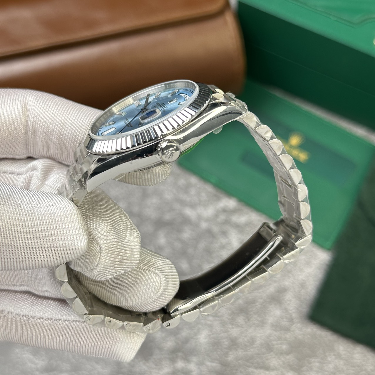 Rolex Day-Date 228236 904L Steel Ice Blue Dial CZ Diamonds 40mm Super Clone