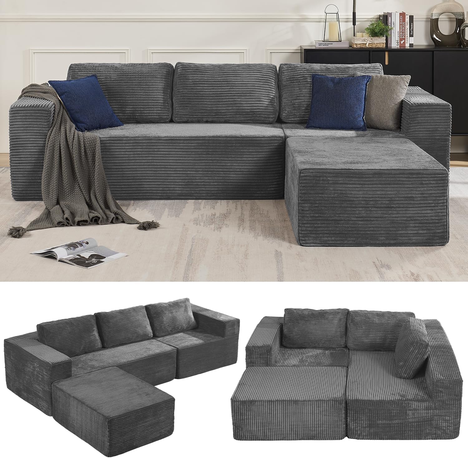 106 Modular Sectional Sofa with L-Shape Chaise, Right/Left Facing Deep Seat Cloud Couch, No Assembly Required, Upholstered Couch for Living Room Bedroom (Plush Corduroy Fabric, Grey)
