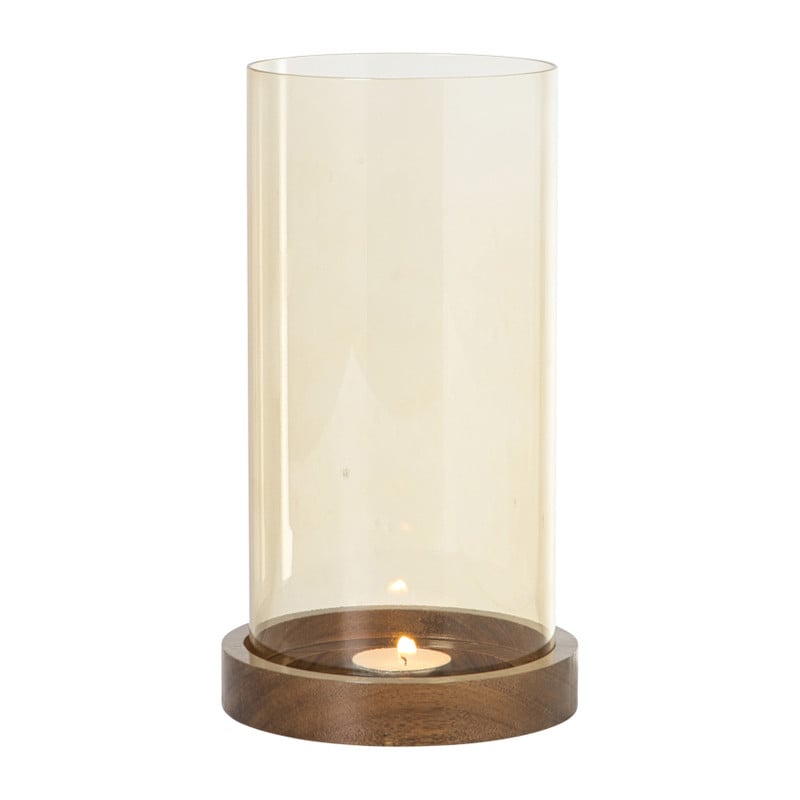 Windlicht glas en hout groot - beige/bruin - &Oslash;12x25 cm