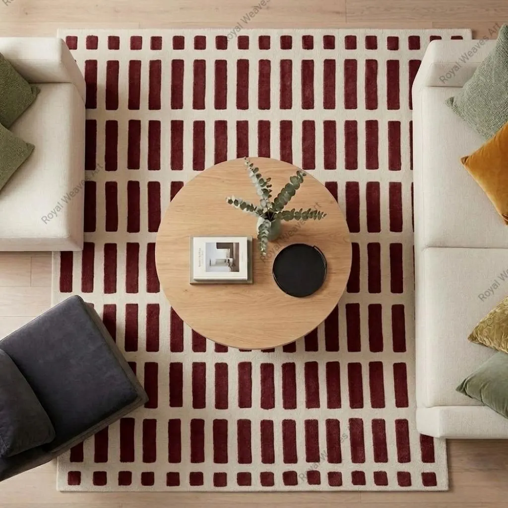 Hand Tufted Burgundy Wool Rug | Geometric Brick Pattern Area Rug | Modern Living Room Carpet | 5x7 | 6x9 | 8x10 | 9x12