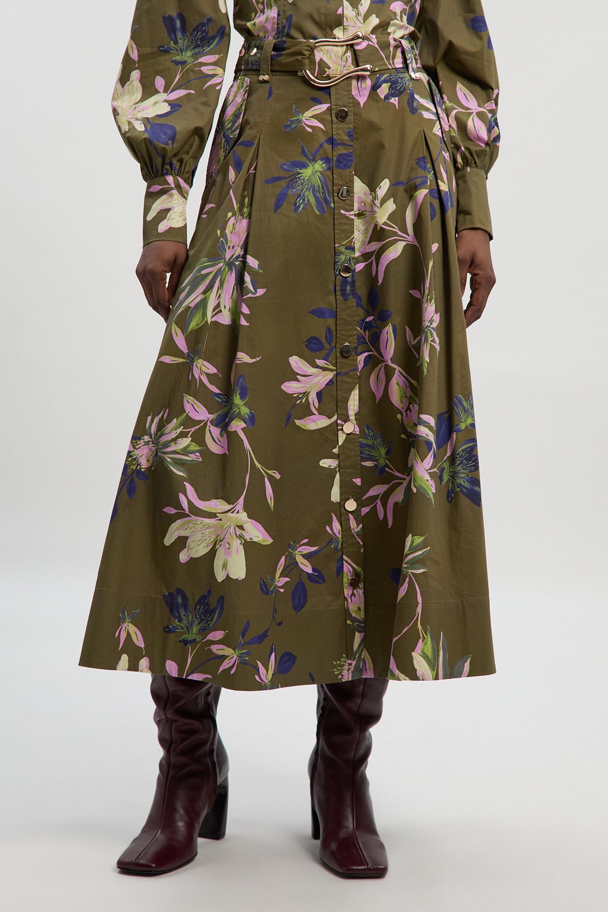 KarenMillen Floral Print Cotton Sateen Woven Belt Detail Midi Skirt