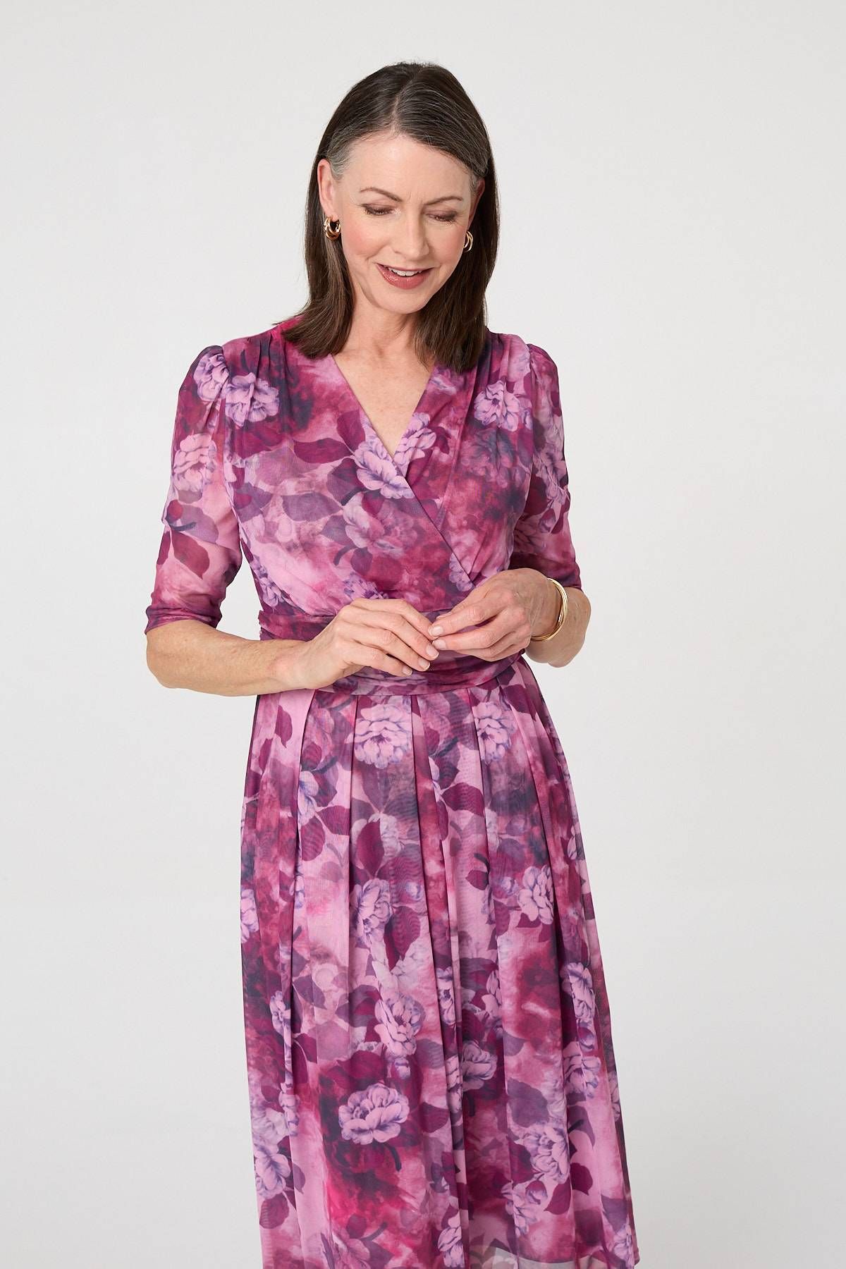 Izabel London Floral Mesh Texture Pleated Midi Dress