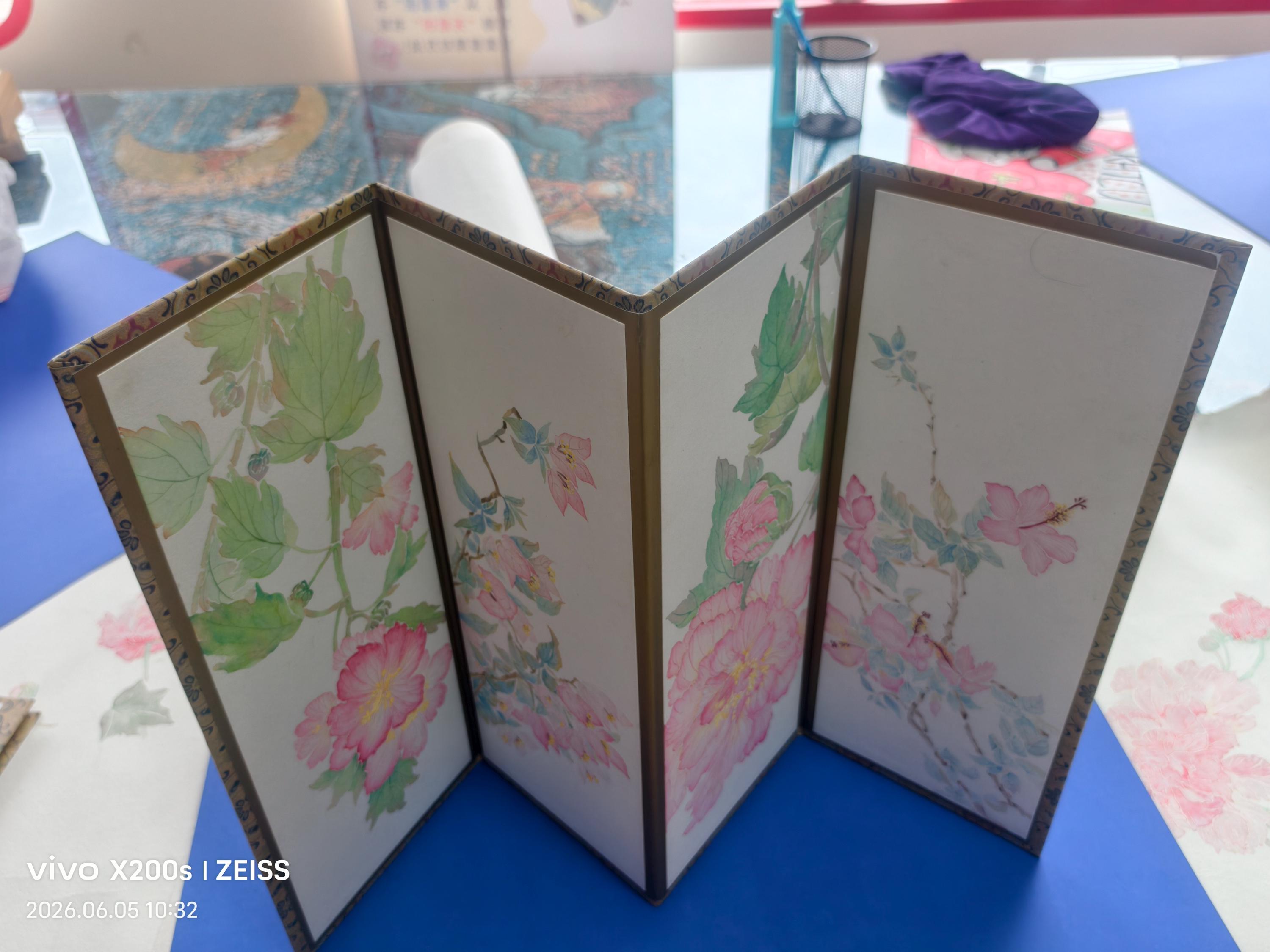 Hand-Painted Room Divider, 4-Panel Folding Desk Screen 13.8x22in, Original Floral Peony, Artful Living