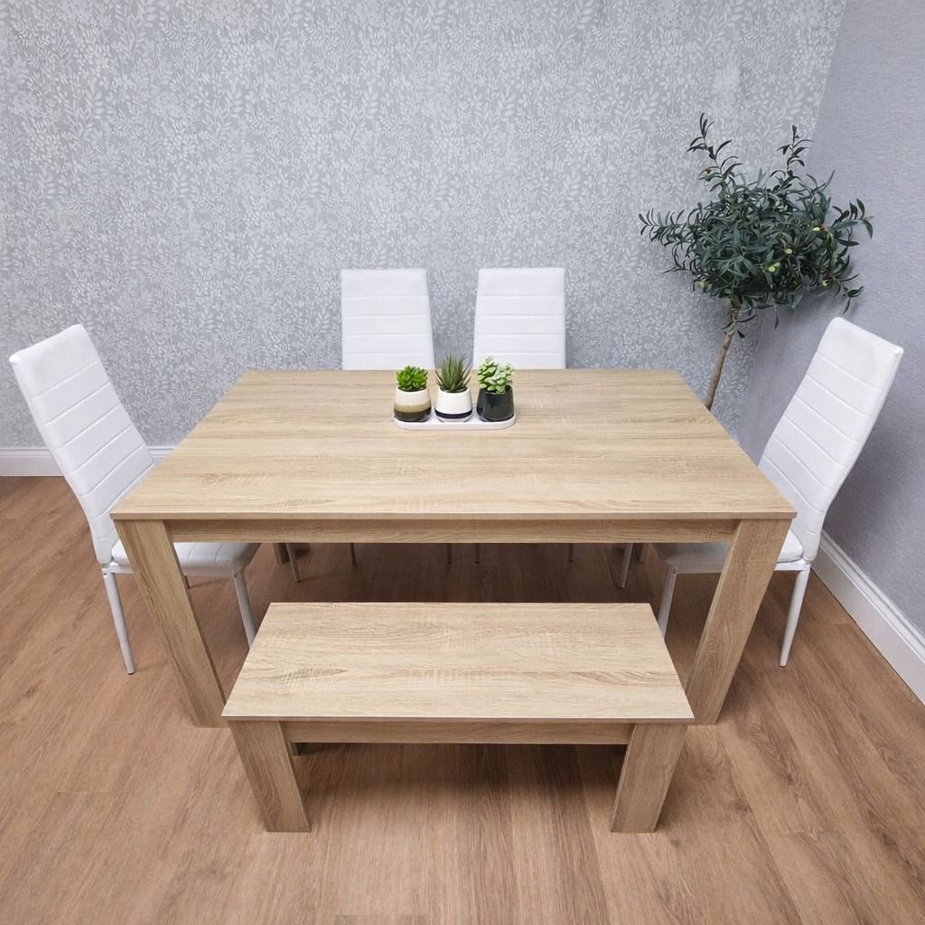 KOSY KOALA Oak Effect Dining Table Set With 4 White Chairs And Bench