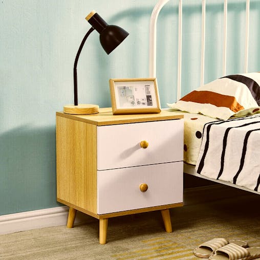 NNECN Wooden Bedside Cabinet with Two Drawers and Sturdy Legs