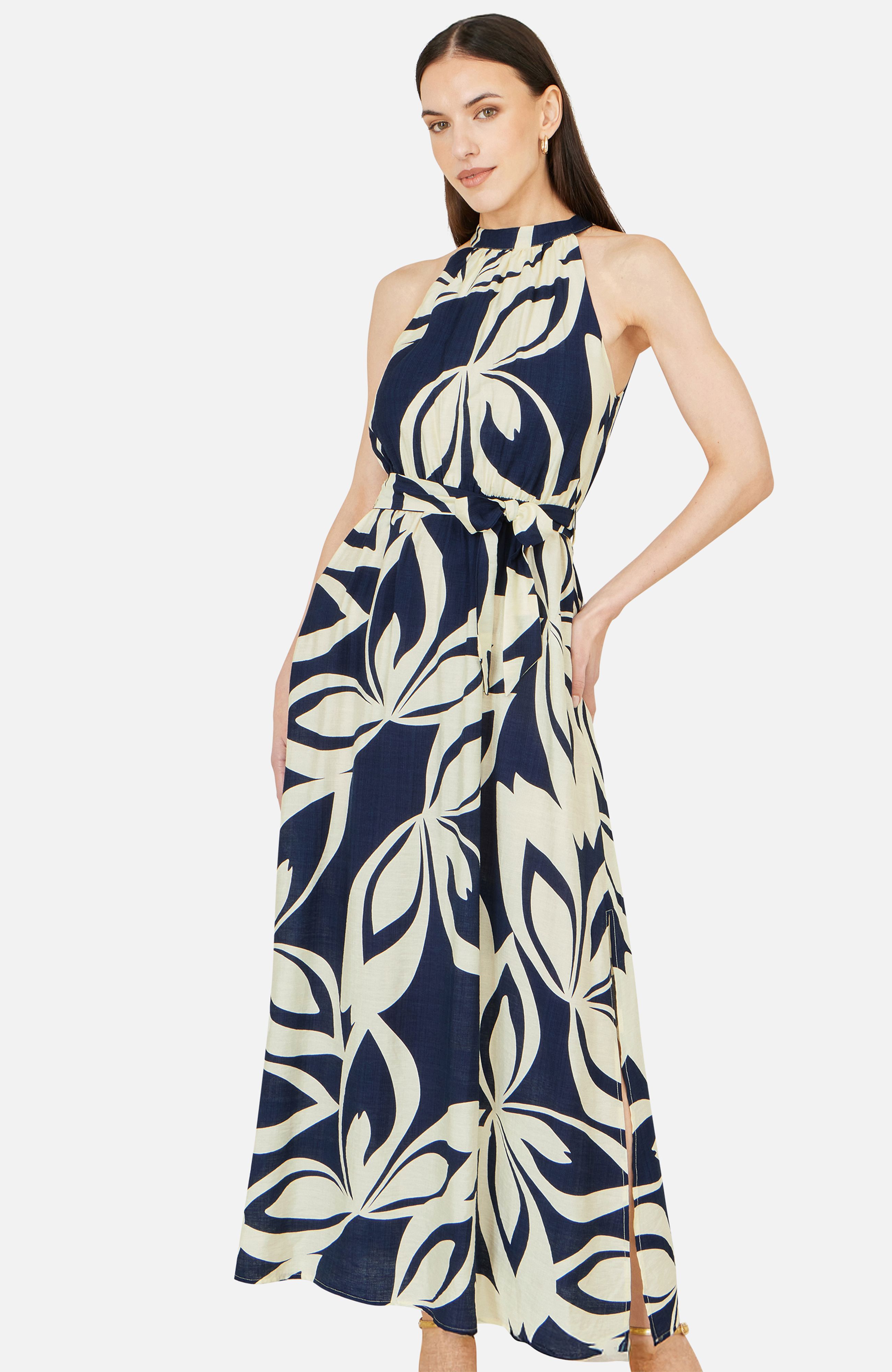 Yumi Navy Geo Swirl Print Halter Maxi Dress