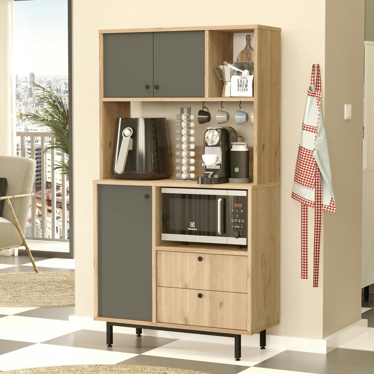 Buffet cuisine 3 portes grises avec niche micro-ondes JENA
