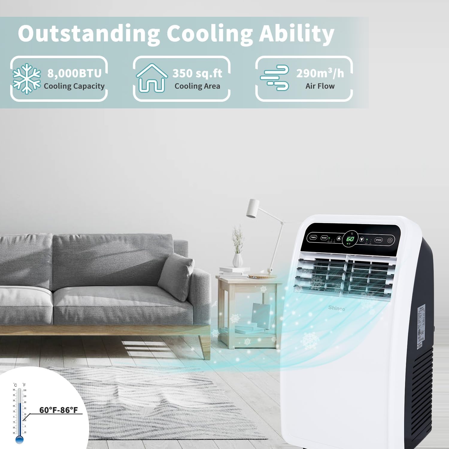 Shinco 8,000 BTU Portable Air Conditioner, AC Unit with Built-in Cool, Dehumidifier & Fan Modes for Room up to 350 sq.ft, Conditioner Remote Control, 24 Hour Timer, Installation Kit