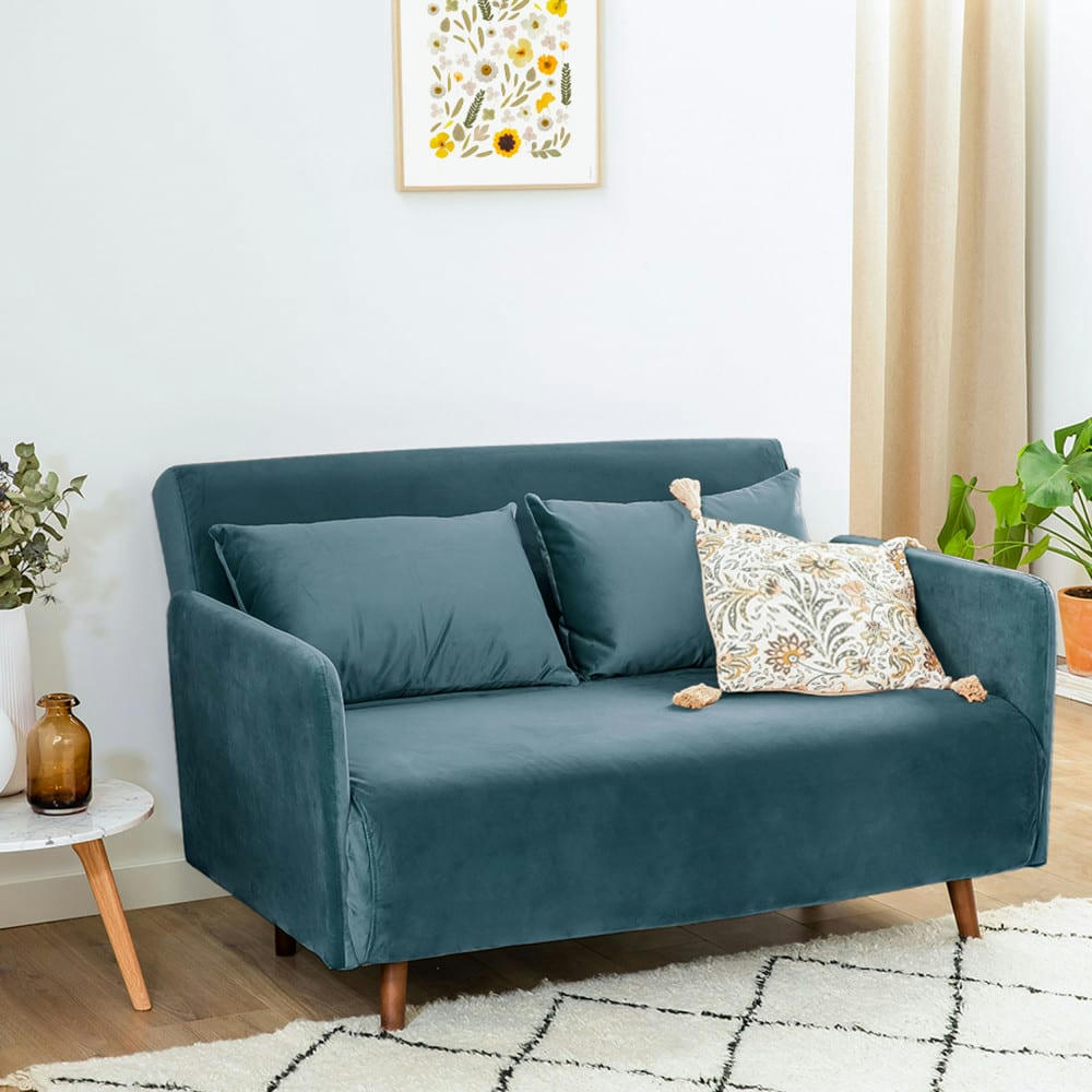 BELUSHI - Canapé convertible 2 places en velours (L120cm) bleu canard