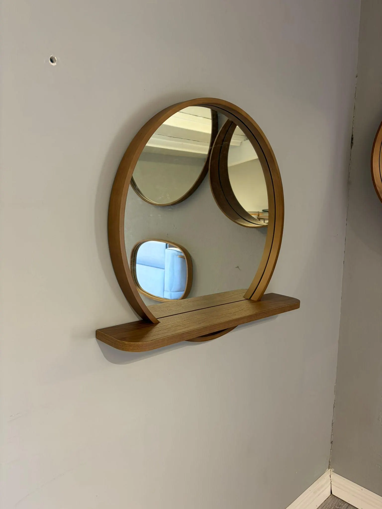 Round Mirror with Shelf, Oak or Walnut Bathroom & Entryway Wall Mirror