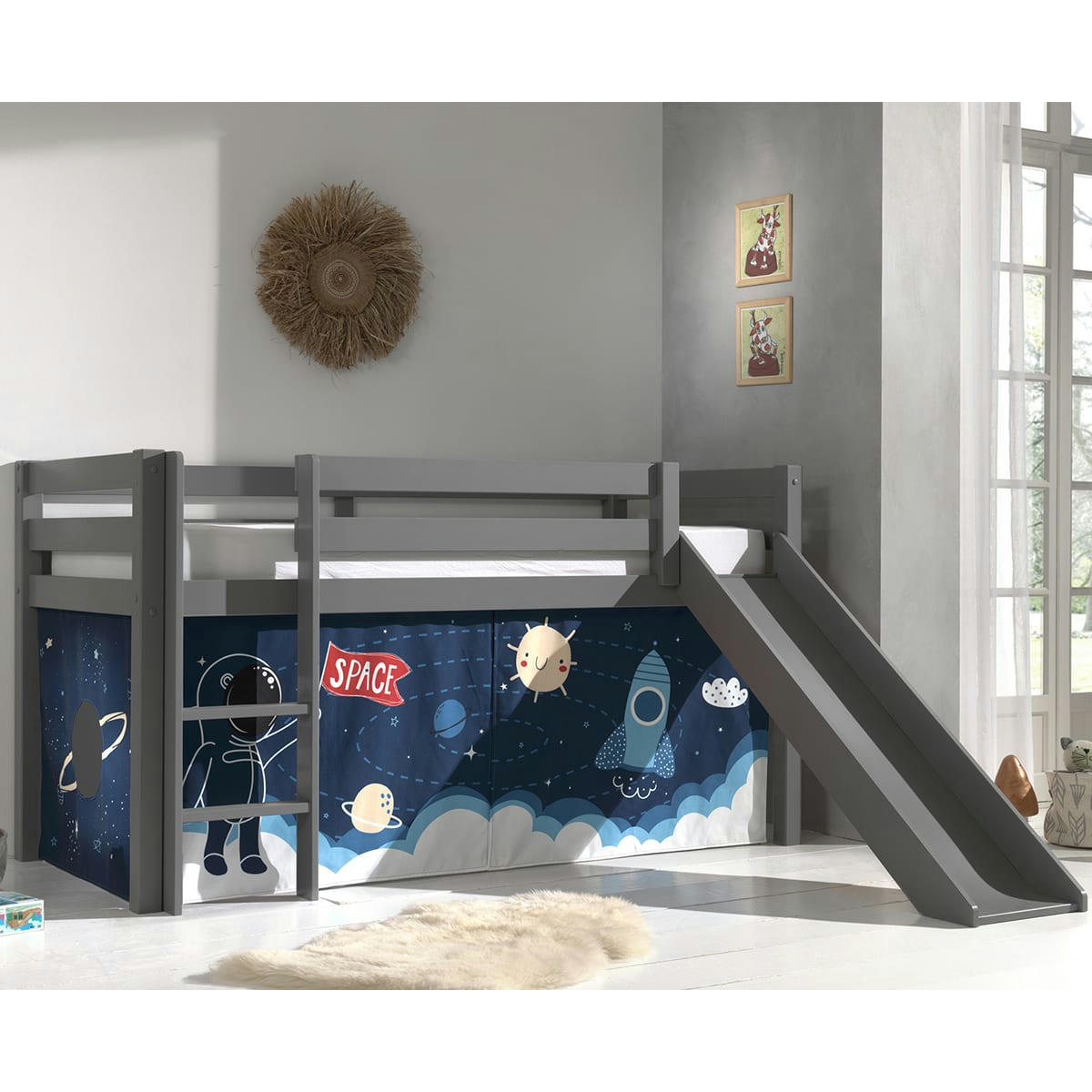 PINO - Lit mi-hauteur 90x200 toboggan sommier inclus housse space bleu
