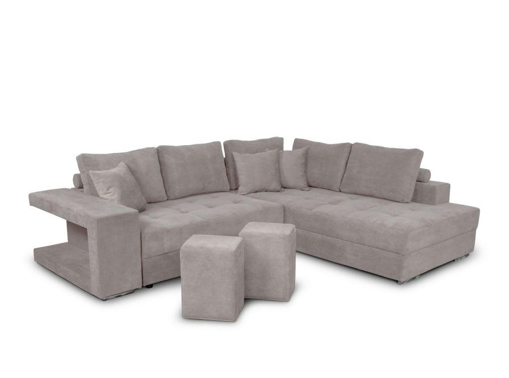 TAMIA - Canapé d'angle convertible avec coffre et 2 poufs -  Gris clair