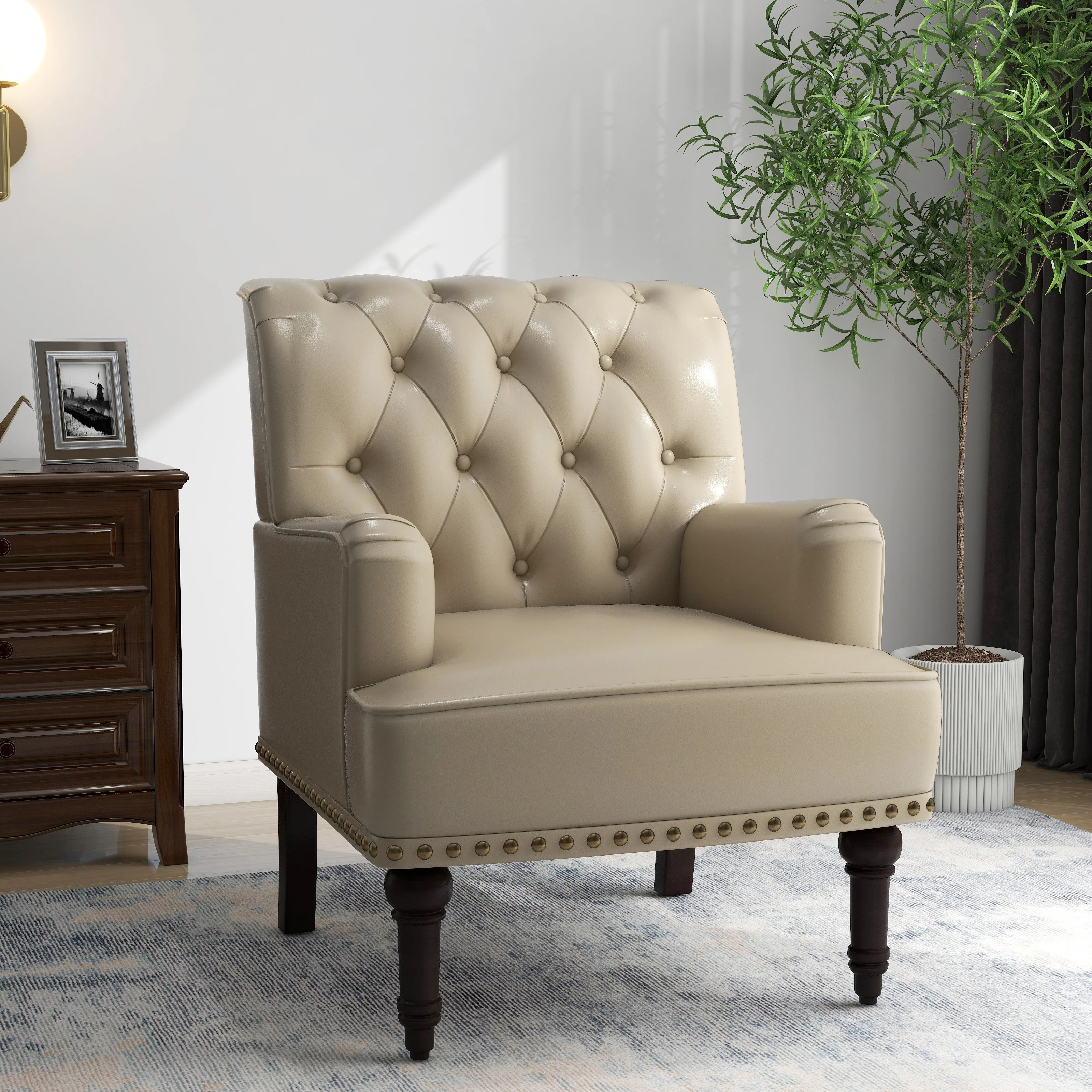 Tufted Vegan Leather Accent Chairs Armchairs with Nailhead Trim
