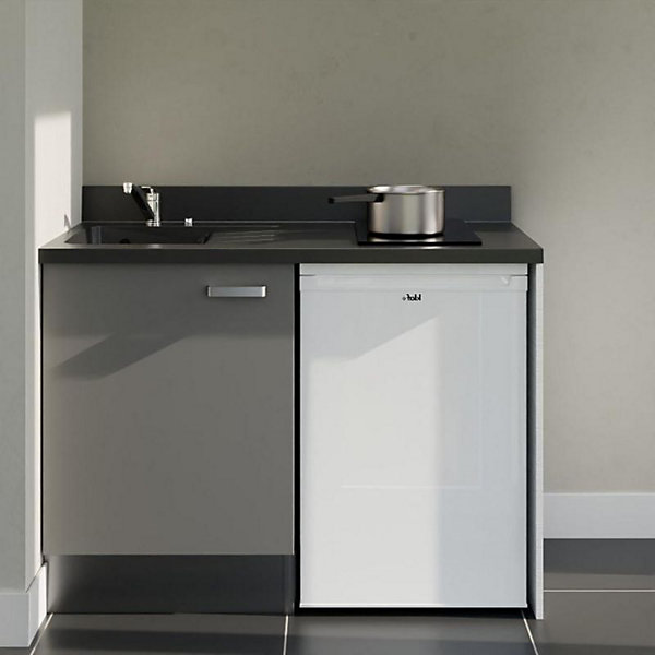 Kitchenette K08 - 120 cm - façades Gris - Plan monobloc en quartz coloris Nero évier à gauche - Electroménager Blanc