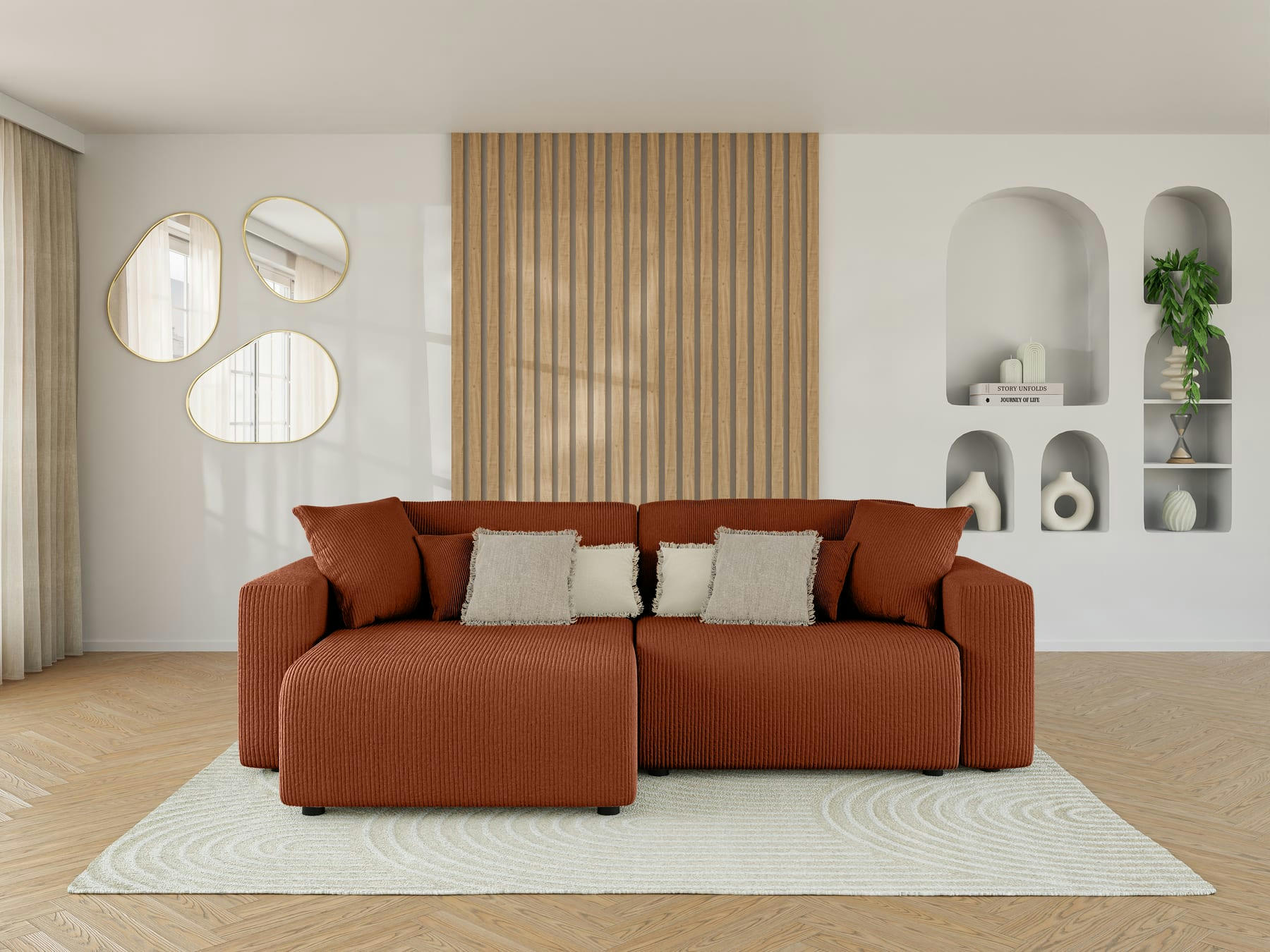 LEO - Canapé d'angle convertible en velours côtelé 4 places vert