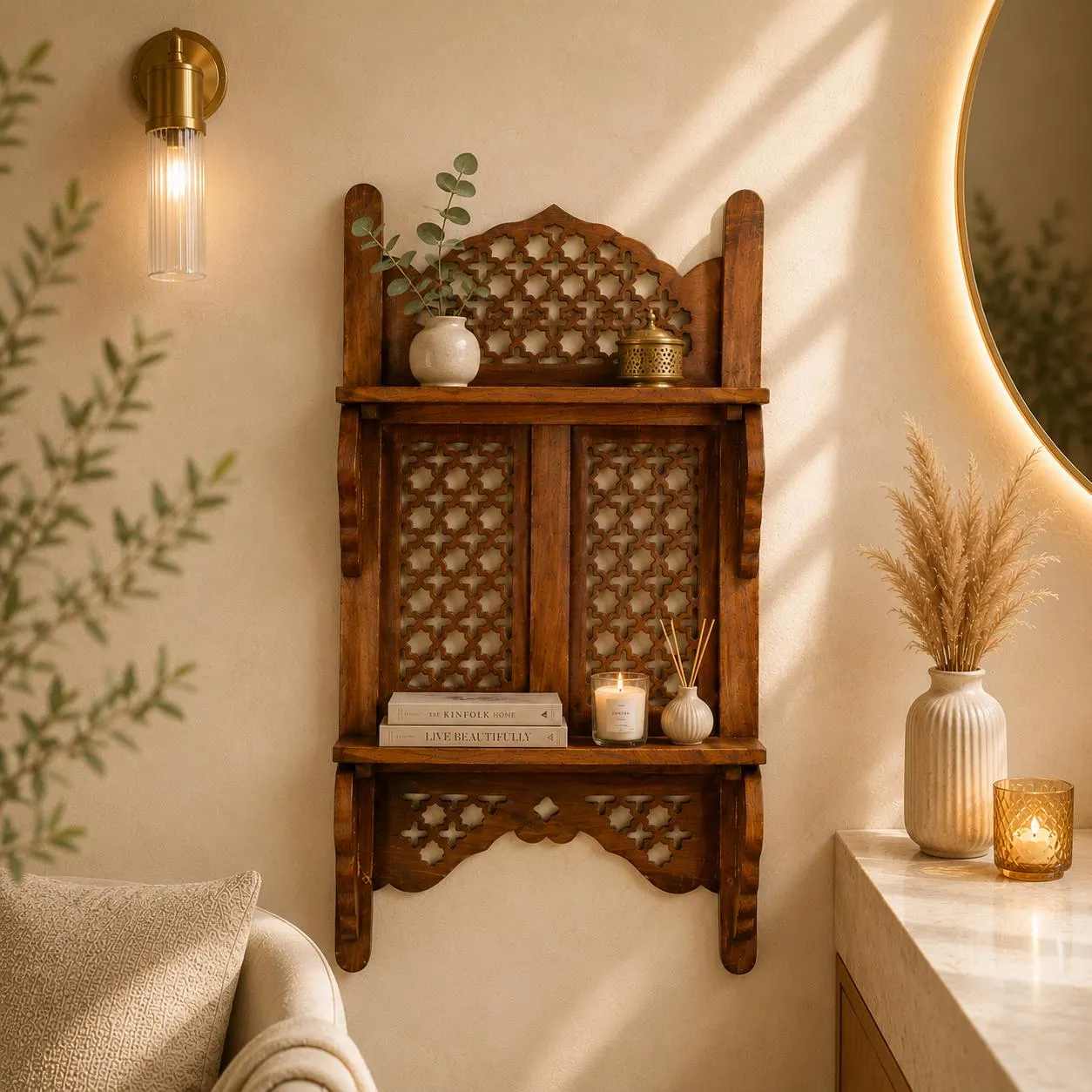 Handcarved Wooden Wall Shelf, Double Tier Floating Jali Rack, Moroccan Wall Art, Live Edge Trinket Shelf & Home Decor