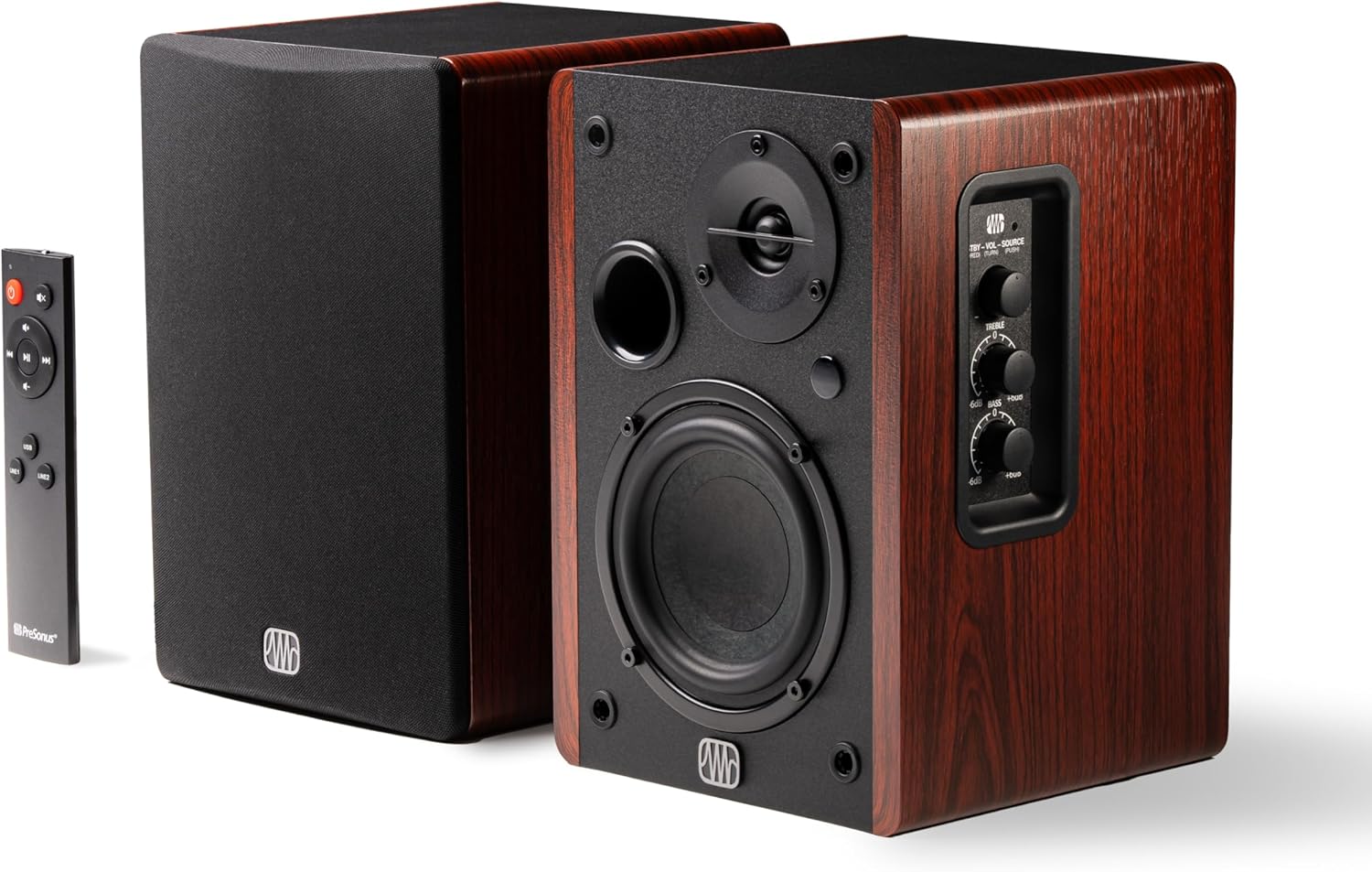 PreSonus Eris Accent Powered Bookshelf Speakers – 50W Wired Stereo Speakers for Record Player, Turntable, Desk & Home, Multiple Inputs, 4” Woofer, Studio Monitors, Tweeter, Remote, Sub Out, Wood Grain