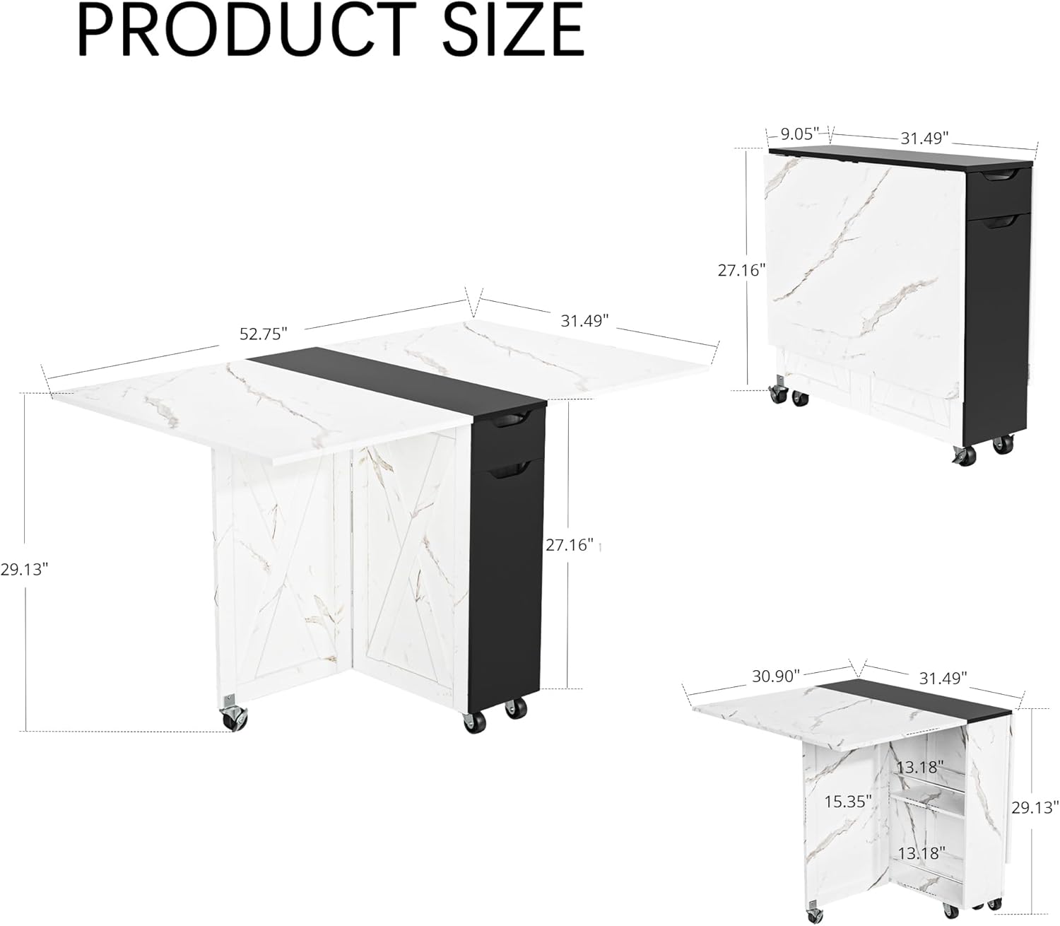 White Marble Mobile Folding Dining Table - 6-Wheel Rolling Kitchen Cart with Storage, Drop Leaf Design for Small Spaces, Seats 4-6