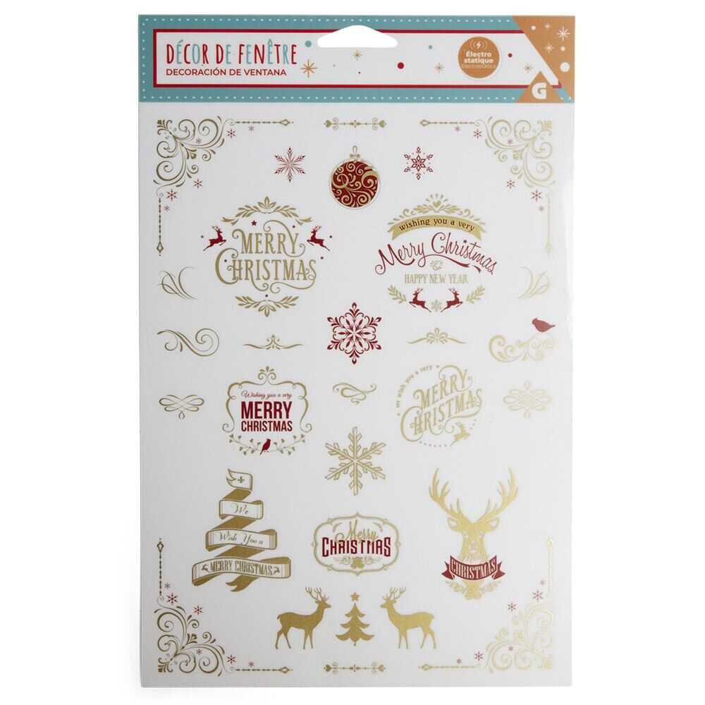 Décoration fenêtre No&euml;l électrostatique rouge et doré - 2 modèles