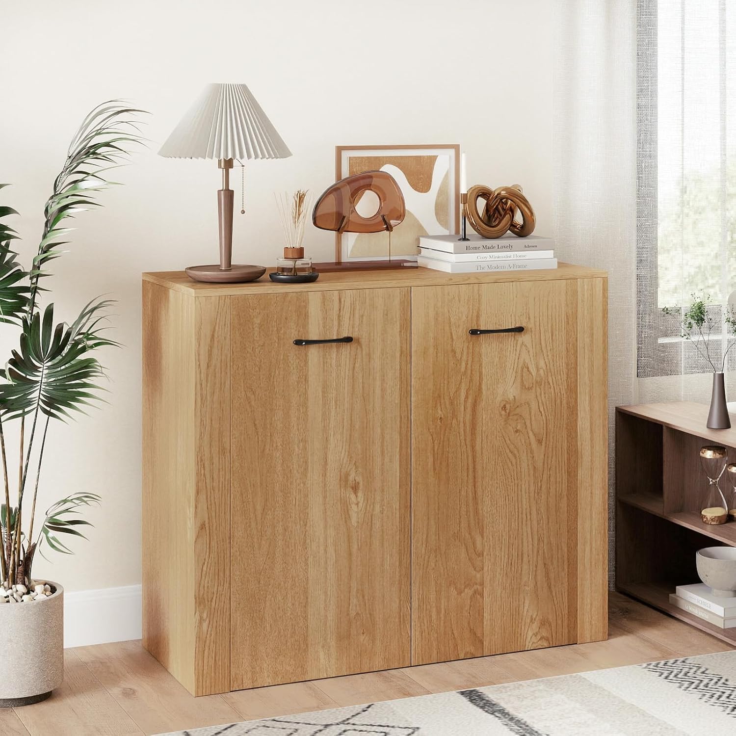 Giantex Modern Storage Cabinet, 38 Credenza with 2 Doors and 4 Cubic Shelves, Anti-Tipping Device, Sturdy Metal Hings, Wooden Sideboard Cabinet for Living Room, Kitchen, Entryway, Natural