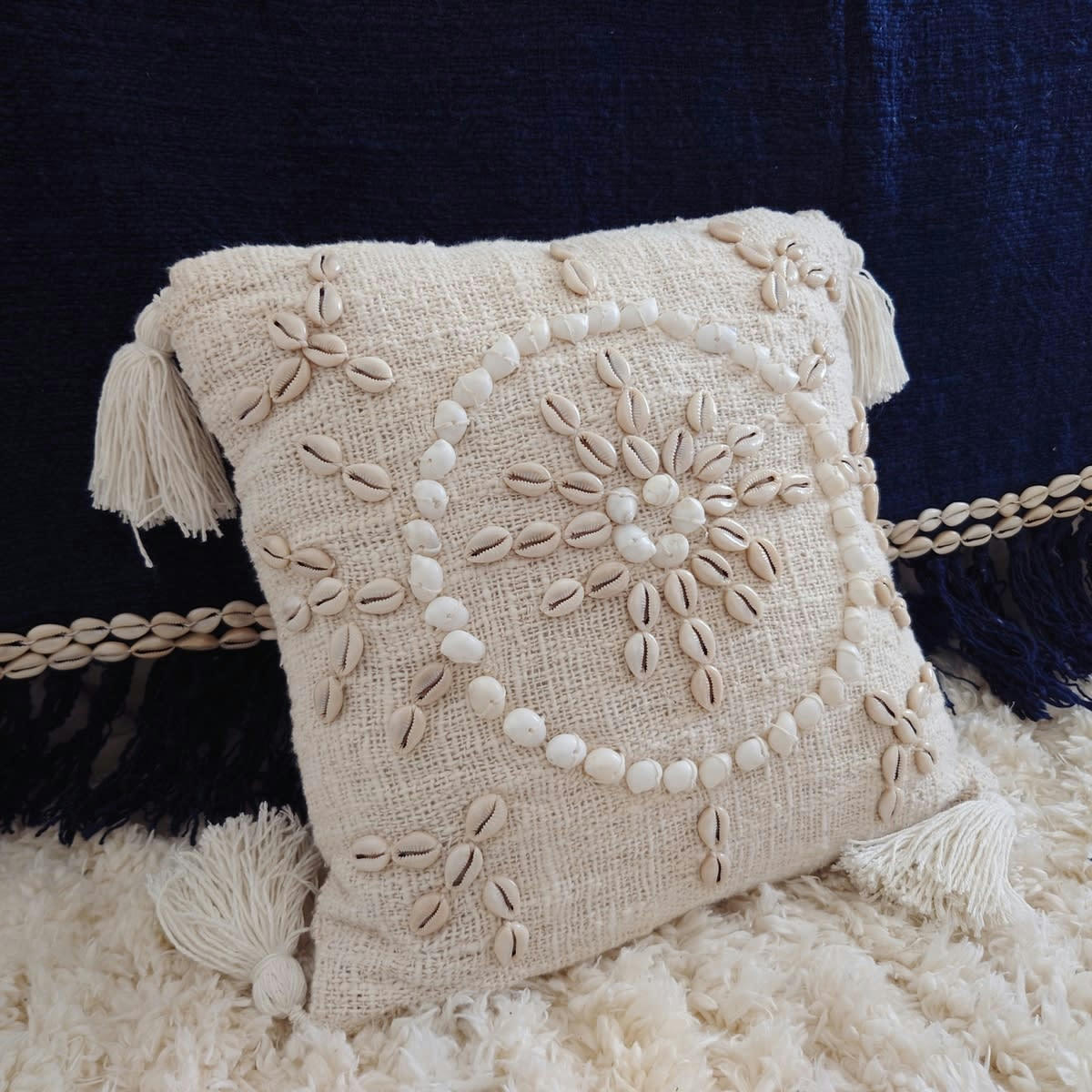 CANGA - Plaid en coton avec coquillages, bleu 140x200 cm