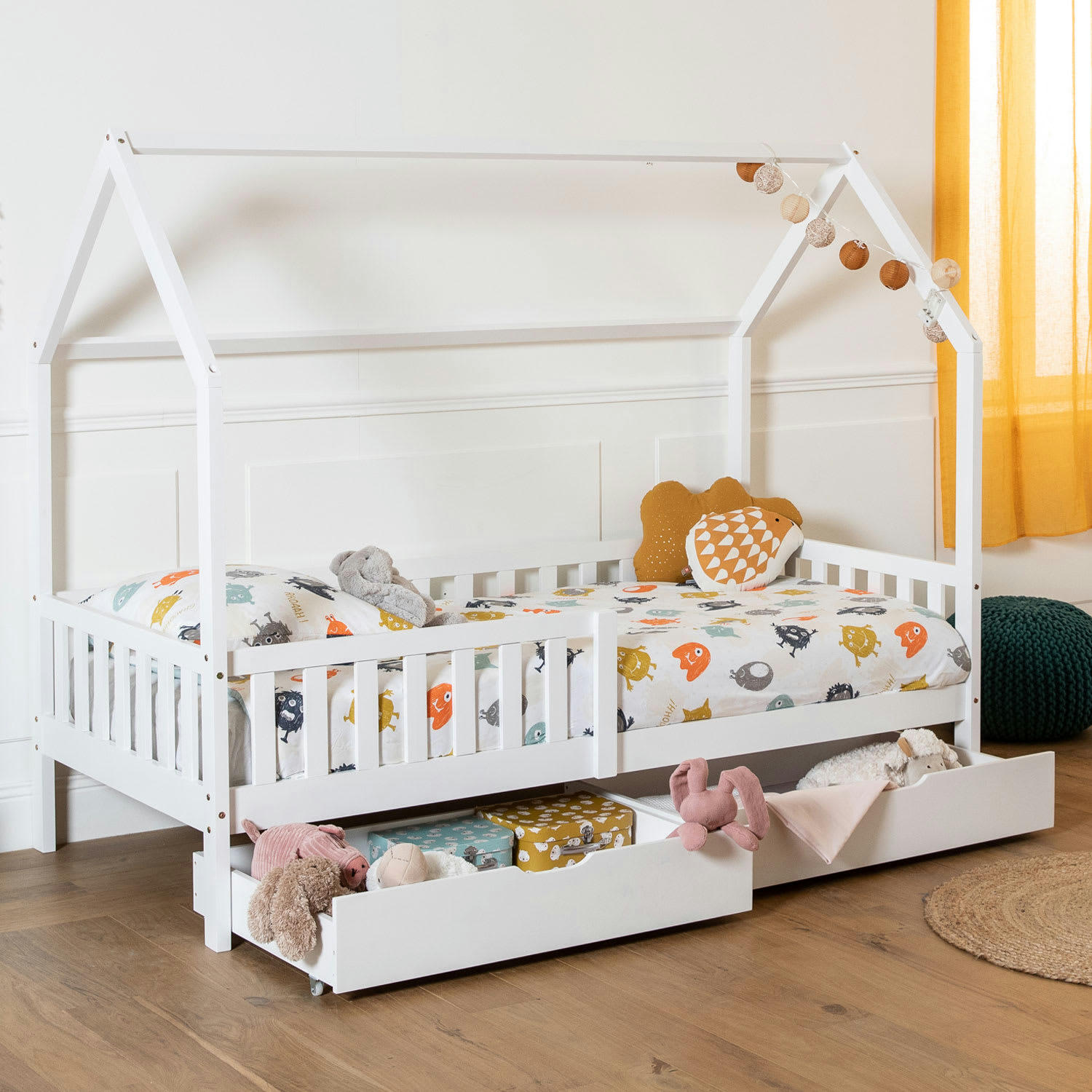 MARCEAU - Lit cabane pour enfant avec tiroirs 190x90cm blanc