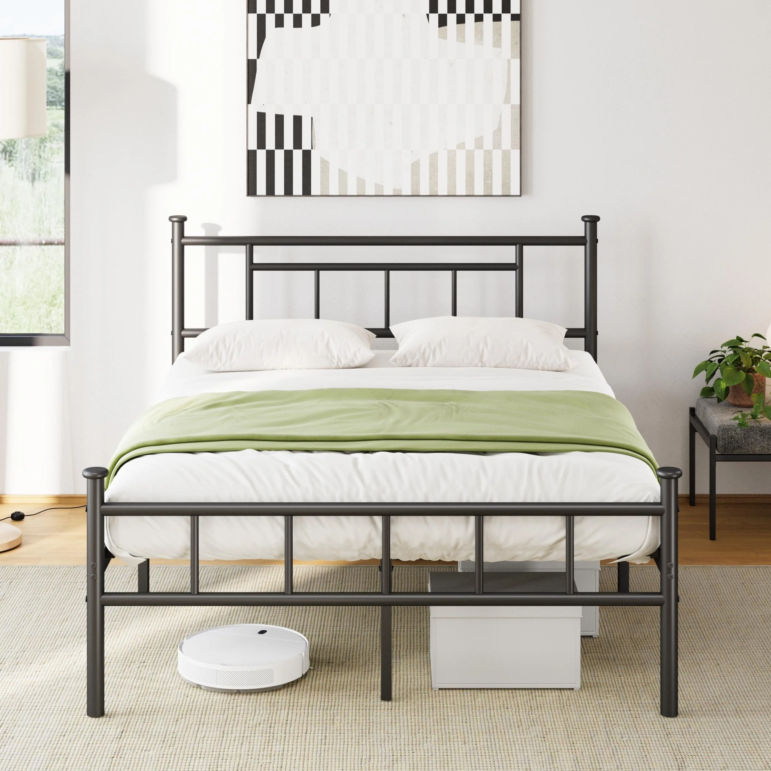 Classic Metal Platform Base with Headboard and Footboard, Round Corner Legs Mattress Slide Stopper