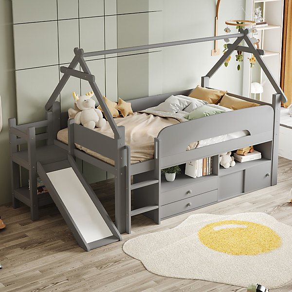 Lit cabane enfant 90x200cm - toboggan - 2 tiroirs - barrières de sécurité - gris (matelas non inclus)