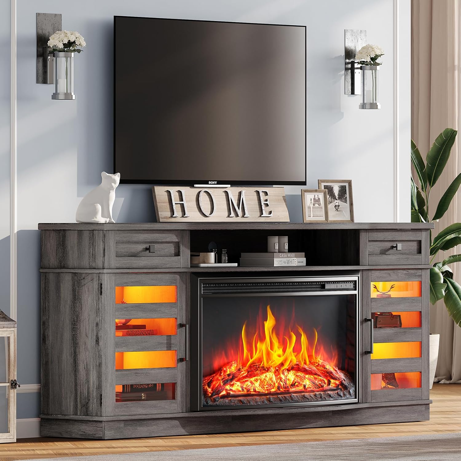 AMERLIFE 70 Farmhouse Fireplace TV Stand with 36'' Curved Electric Fireplace, LED Media Console with 2 Drawers & Adjustable Shelves, Fits 80'' TVs, Wash Gray