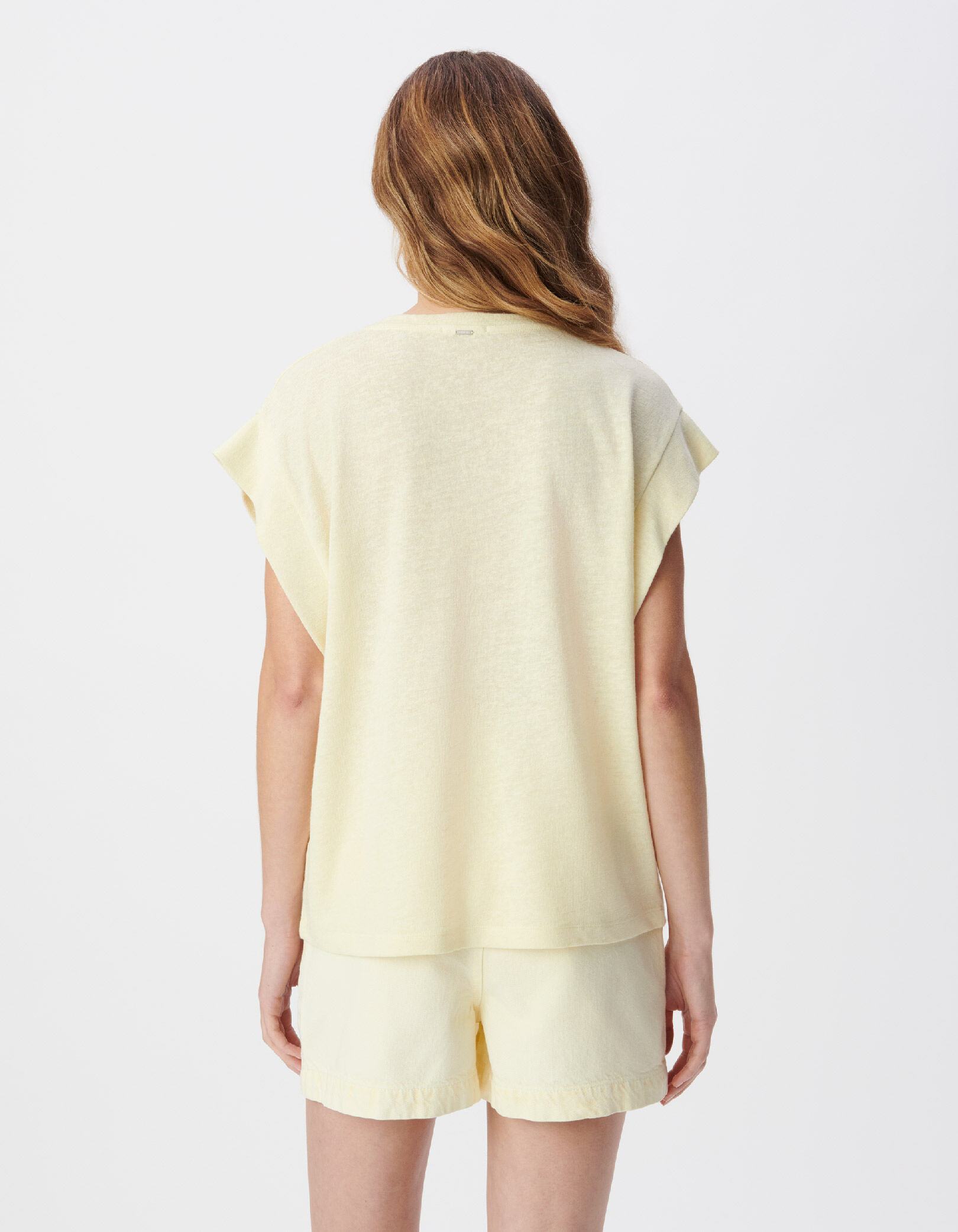 Tee-shirt manches courtes jaune message et soleil Femme