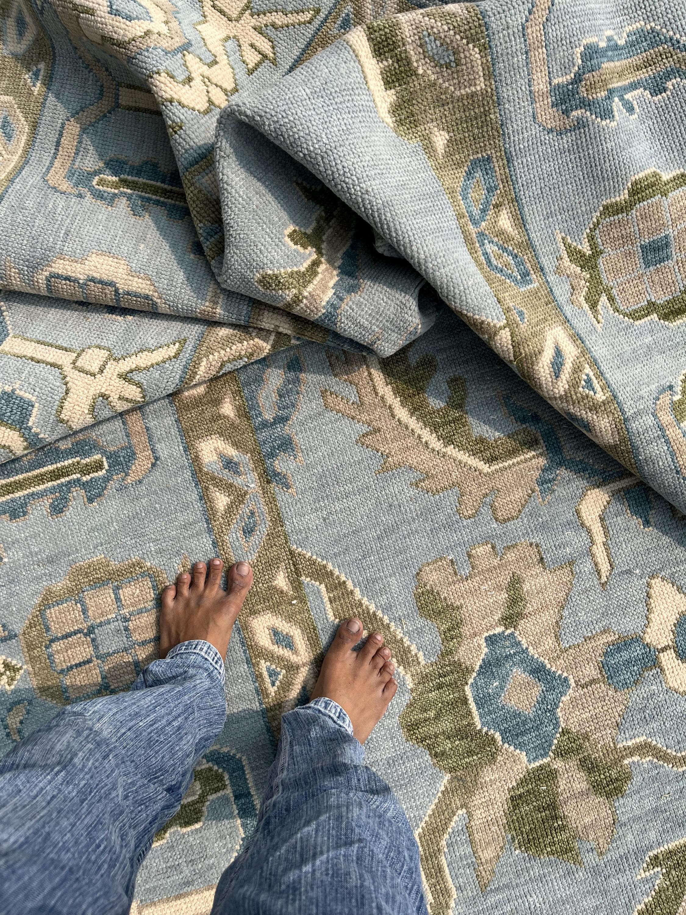 8x10 Hand-Knotted Wool Oushak Rug | Green Floral Turkish Carpet for living room