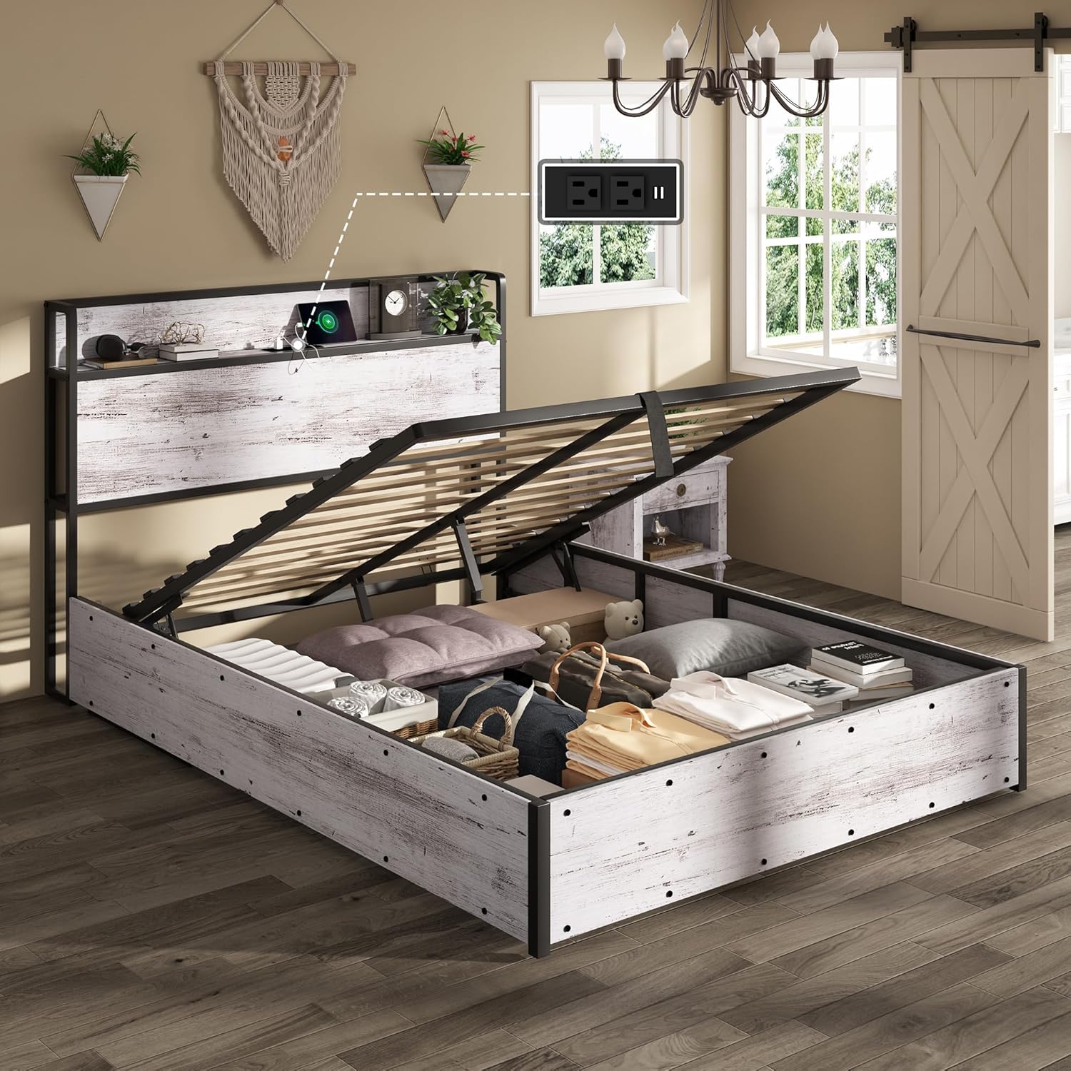 AMERLIFE Queen Size Lift Up Storage Bed Frame, Wooden Platform Bed Frame with Lifting Storage & Charging Station, No Spring Box Needed/Noise Free, White Birch