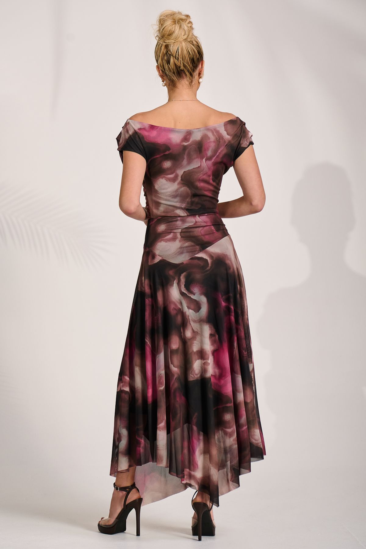 Jolie Moi Asymmetrical Draped Mesh Maxi Dress