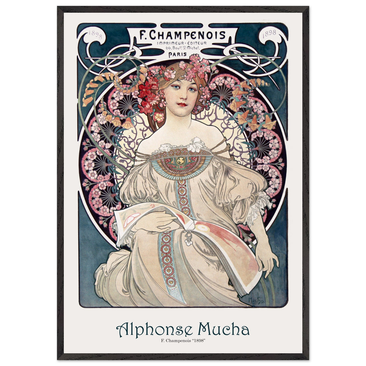 Artfulprints Poster met Lijst Alphonse Mucha - F. Champenois  - 70x100 cm - Blauw