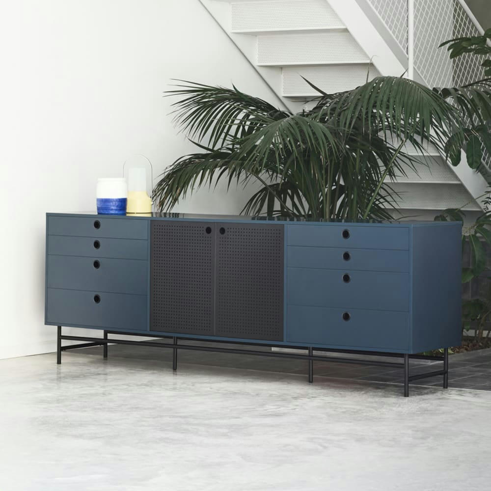 PUNTO - Buffet en bois 2 portes 8 tiroirs L212cm bleu pétrole