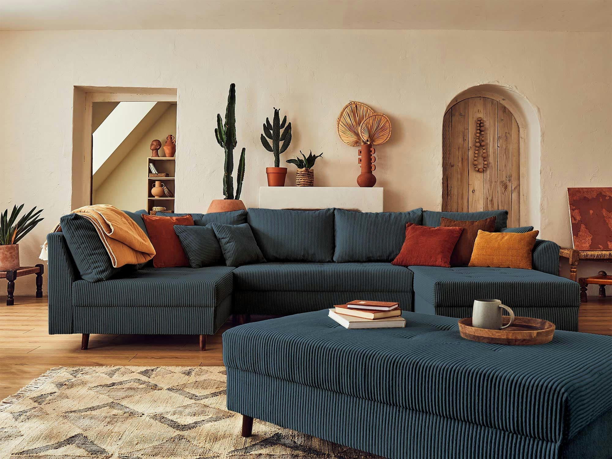 RUNE - Canapé d'angle gauche convertible 7 places en velours côtelé bleu nuit