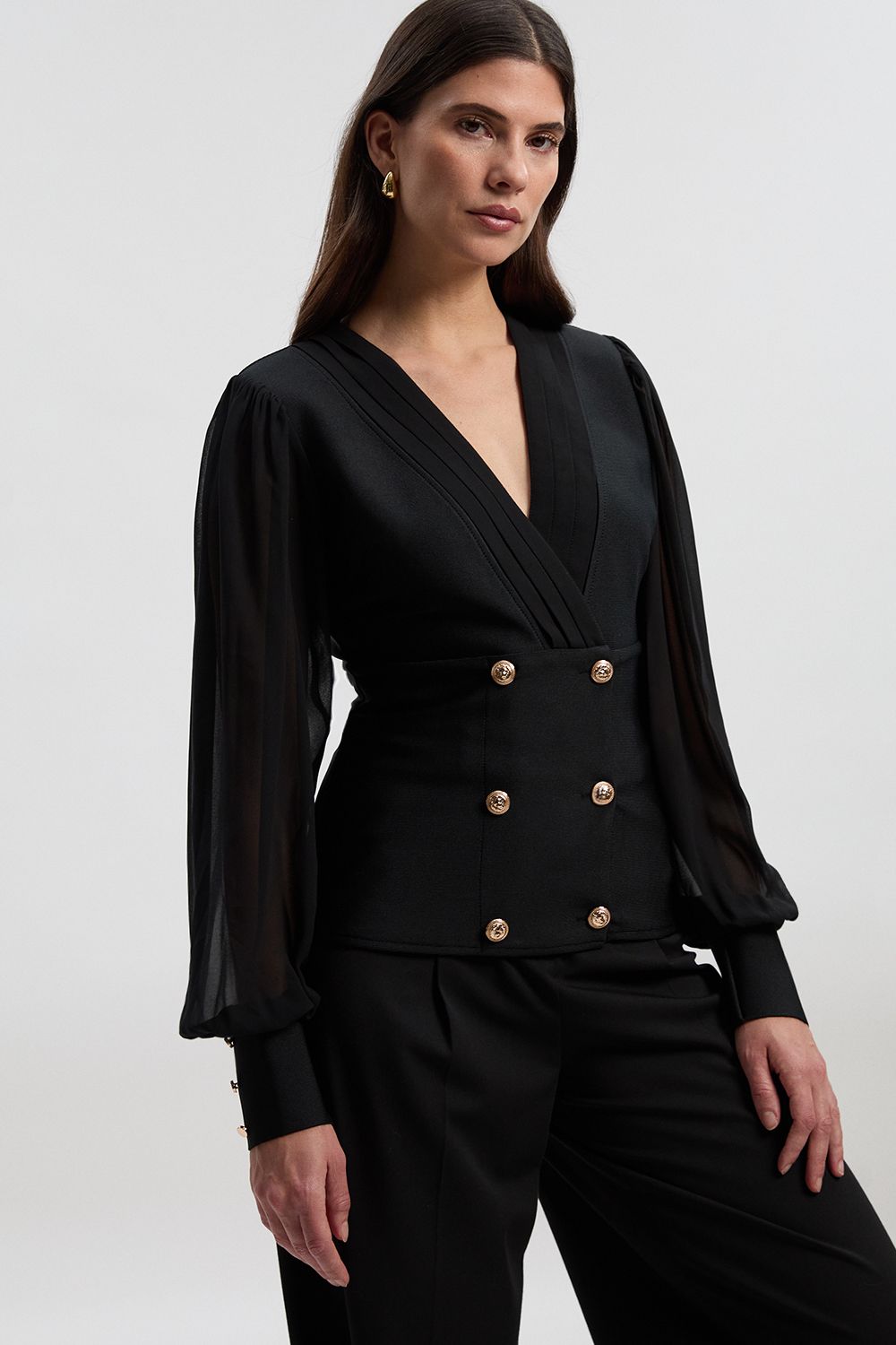 KarenMillen Figure Form Bandage Woven Mix Military Button Blazer Knit Top