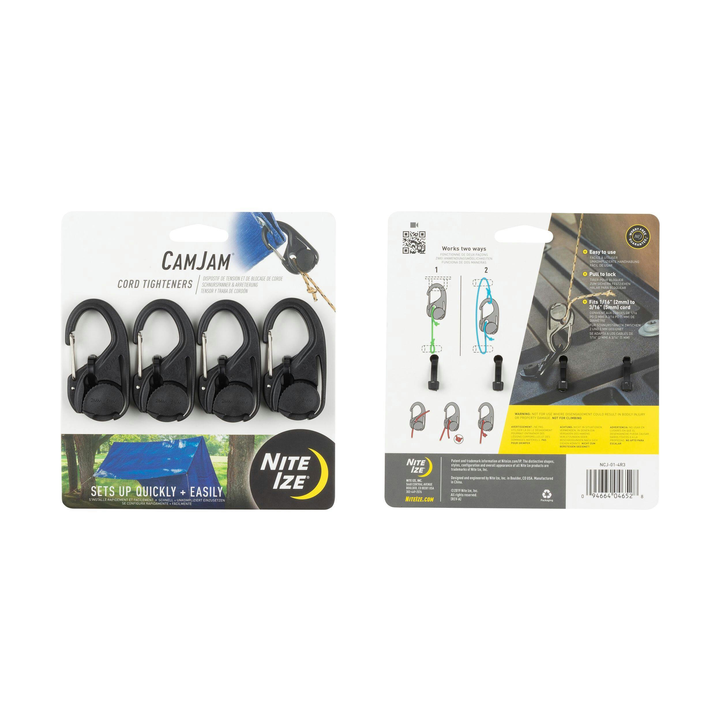 Nite Ize CamJam Plastic No-Knot Cord Tightener & Wiregate Carabiner Clip, 4-pk