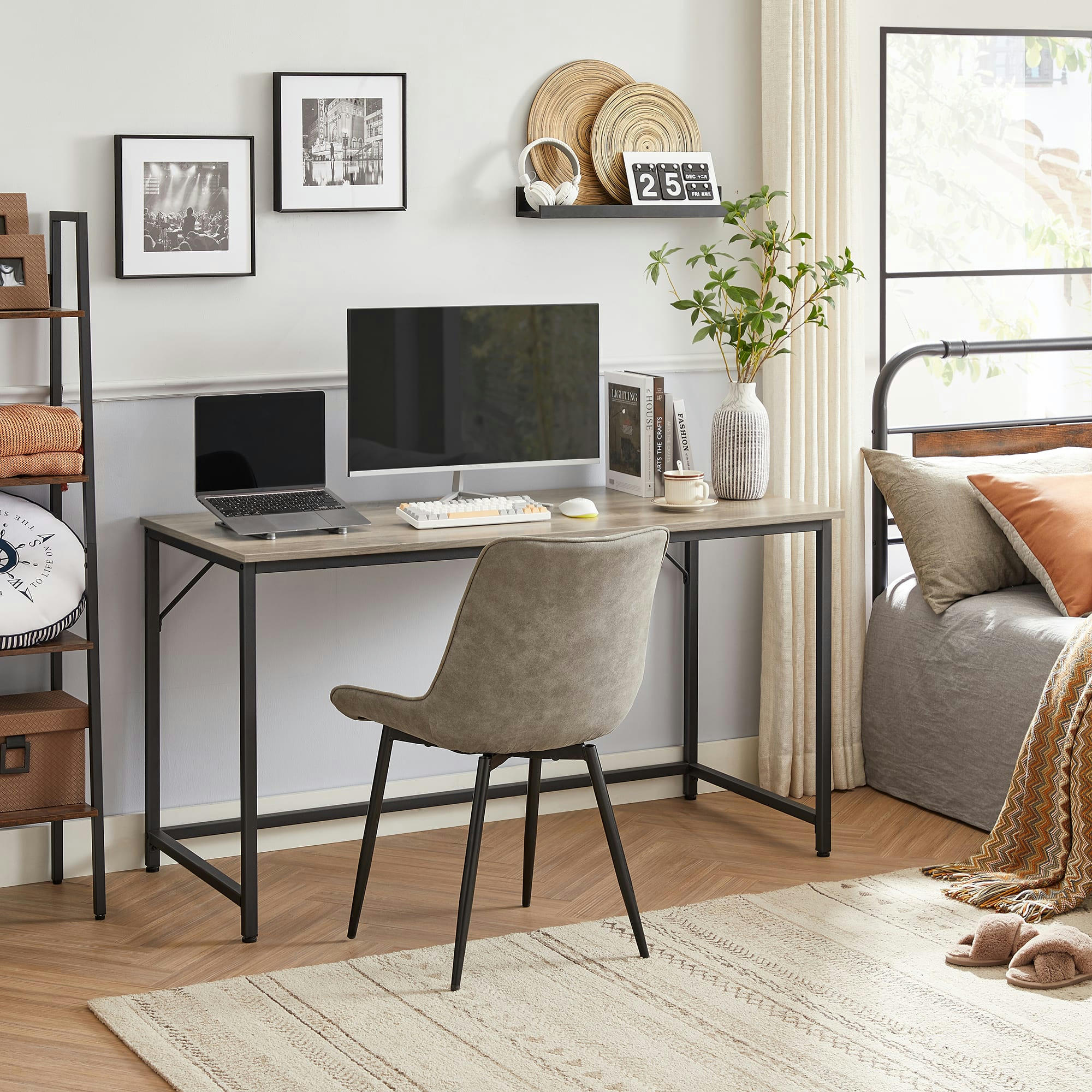 - Bureau 140 cm style industriel effet bois grège
