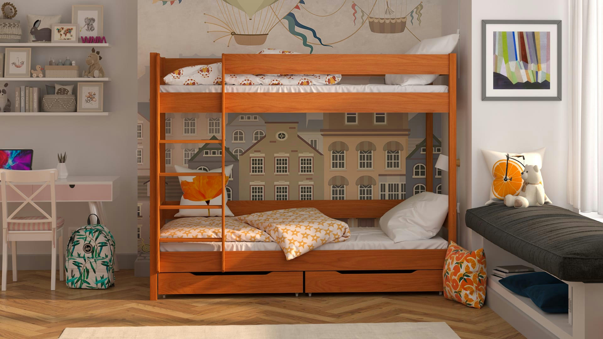 - Lit superposé en pin massif 180x80 couleur teck