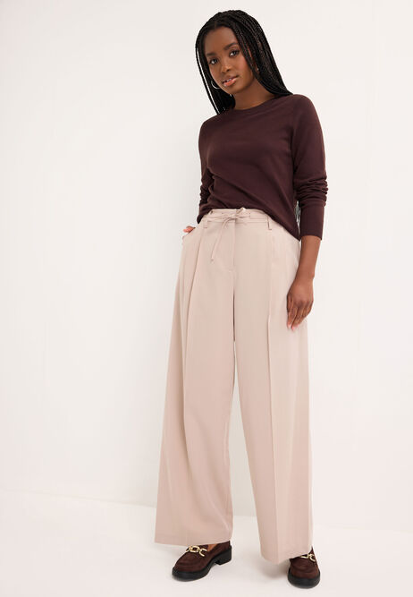 Womens Beige Pleated Wide Leg Trousers