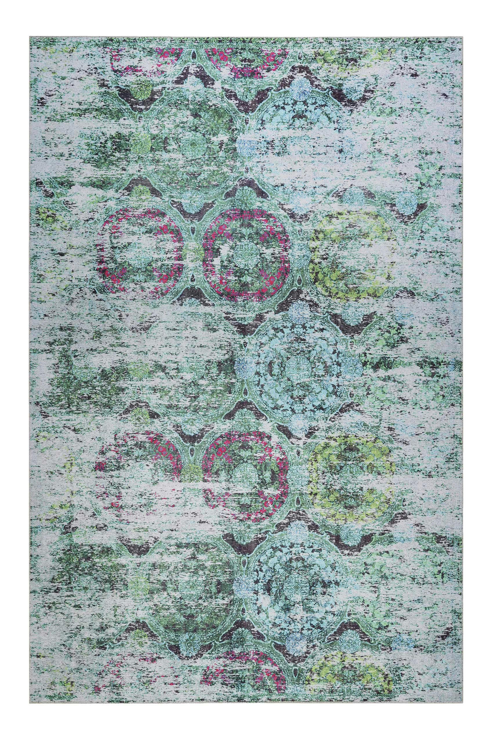 FOCUS - Tapis plat motif vintage effet usé multicolore bleu 70x120