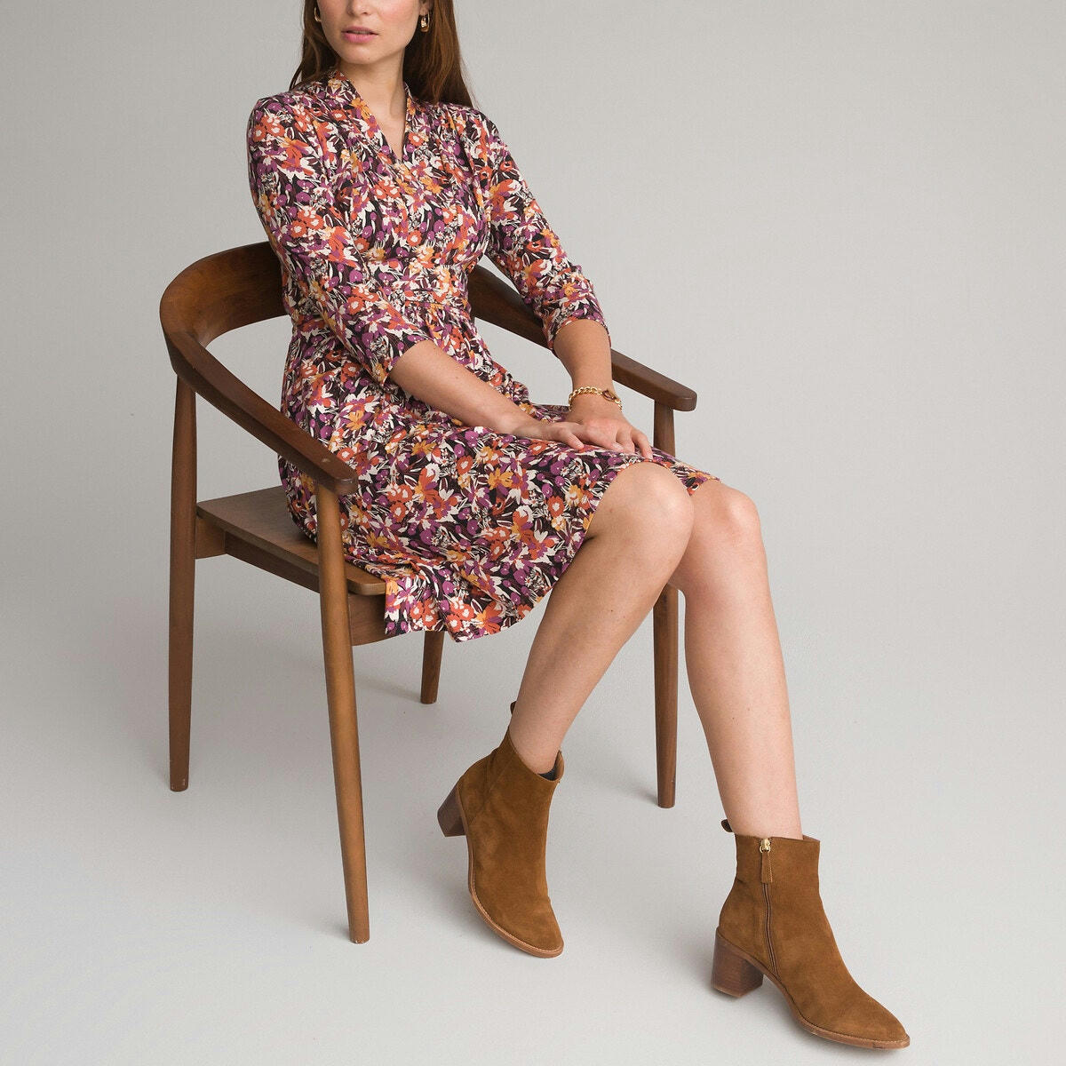 Robe évasée imprimée, mi-longue, manches 3/4