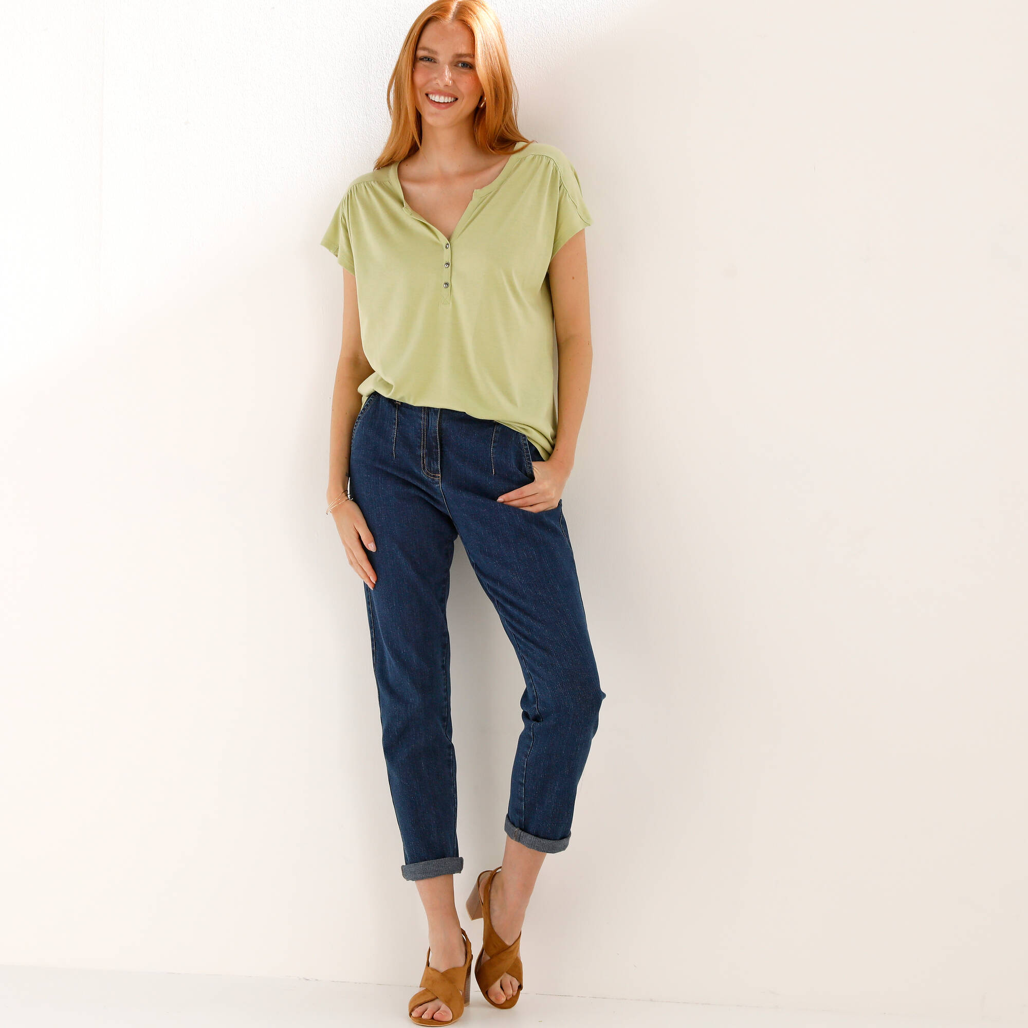 Tee-shirt col tunisien manches courtes, uni