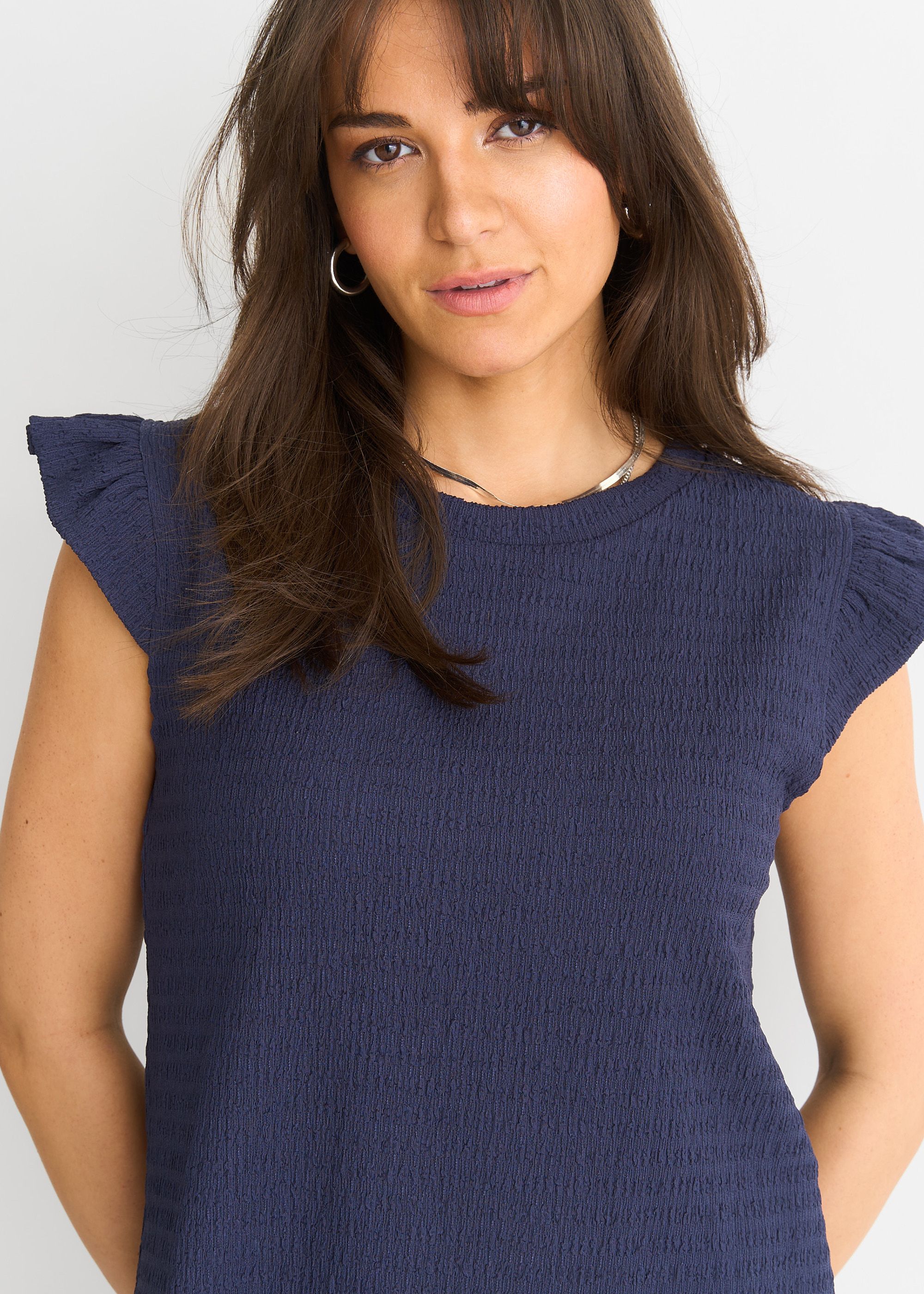 Gini London Dark Blue Frill Sleeves Textured Oversized Top